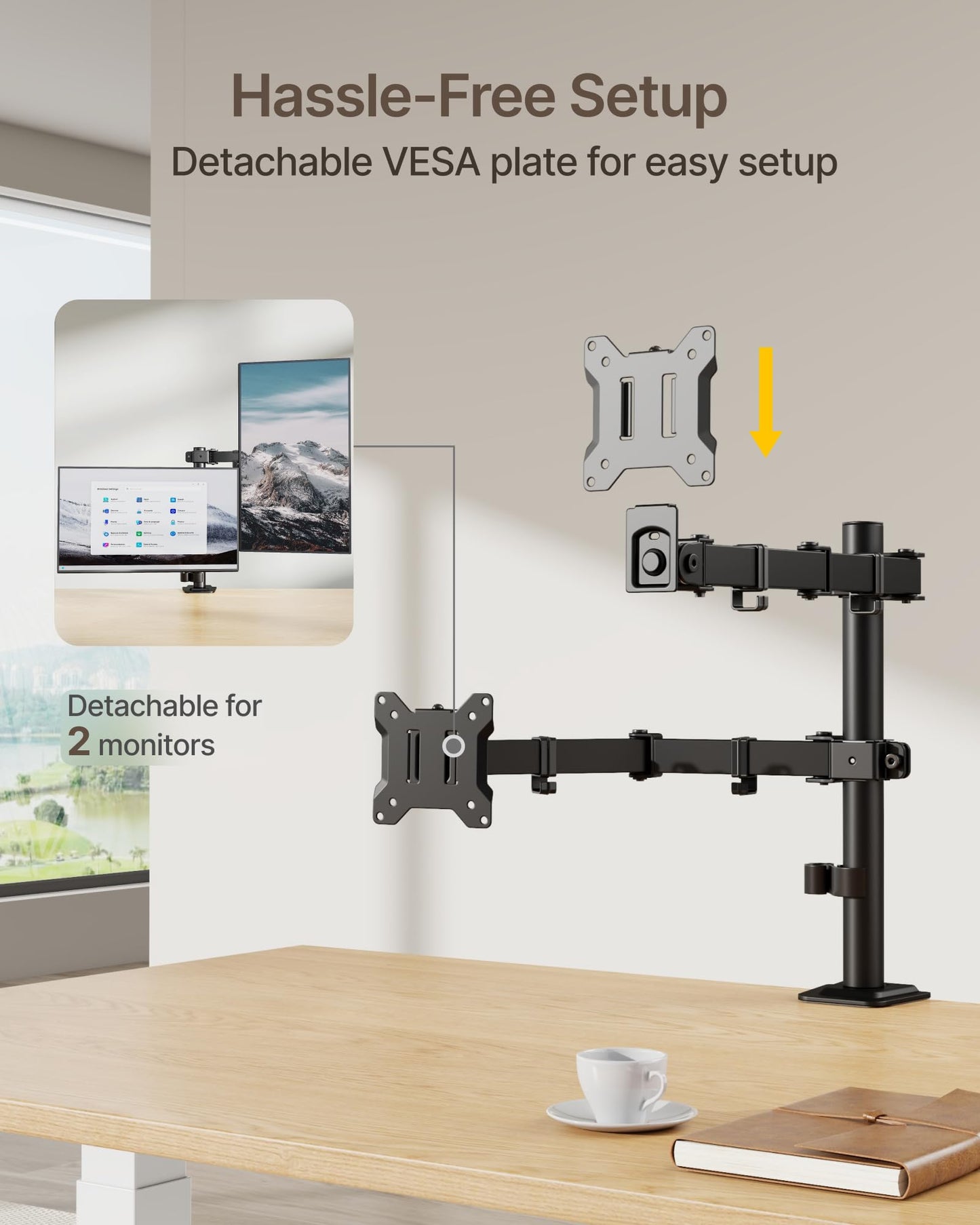 monTEK Dual Monitor Stand for 17"–32” Computer, Adjustable Height Stable Monitor Mount Fit up to 32 inch Screen, Hold up to 22lbs Weight, C-Clamp and Grommet, VESA 75x75mm/100x100mm