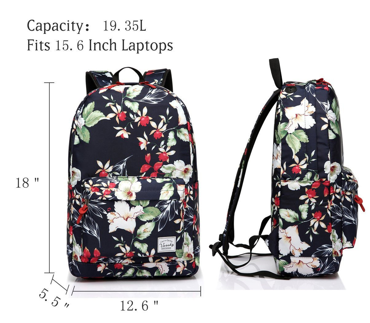 Backpack for Women, VASCHY Water Resistant Fashion Floral 15.6 inch Laptop School Bookbag for Girls Casual Daypack Travel Rucksack with Padded Laptop Sleeve (Navy Floral Blooms)