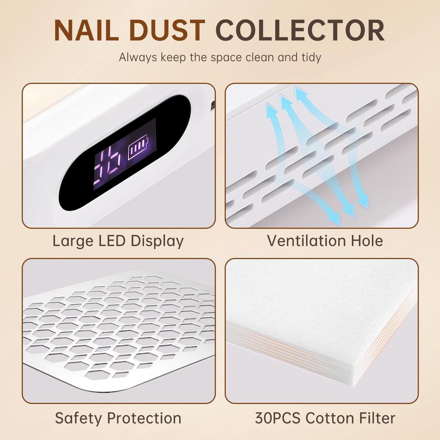 CHRISTINE SHELLY Nail Dust Collector, Rechargeable Dust Collector Nail Tech, Powerful Vacuum Fan Vent Dust Collector Extractor Dust Suction Machine for Acrylic Nails Polishing, Nail Salon&Home