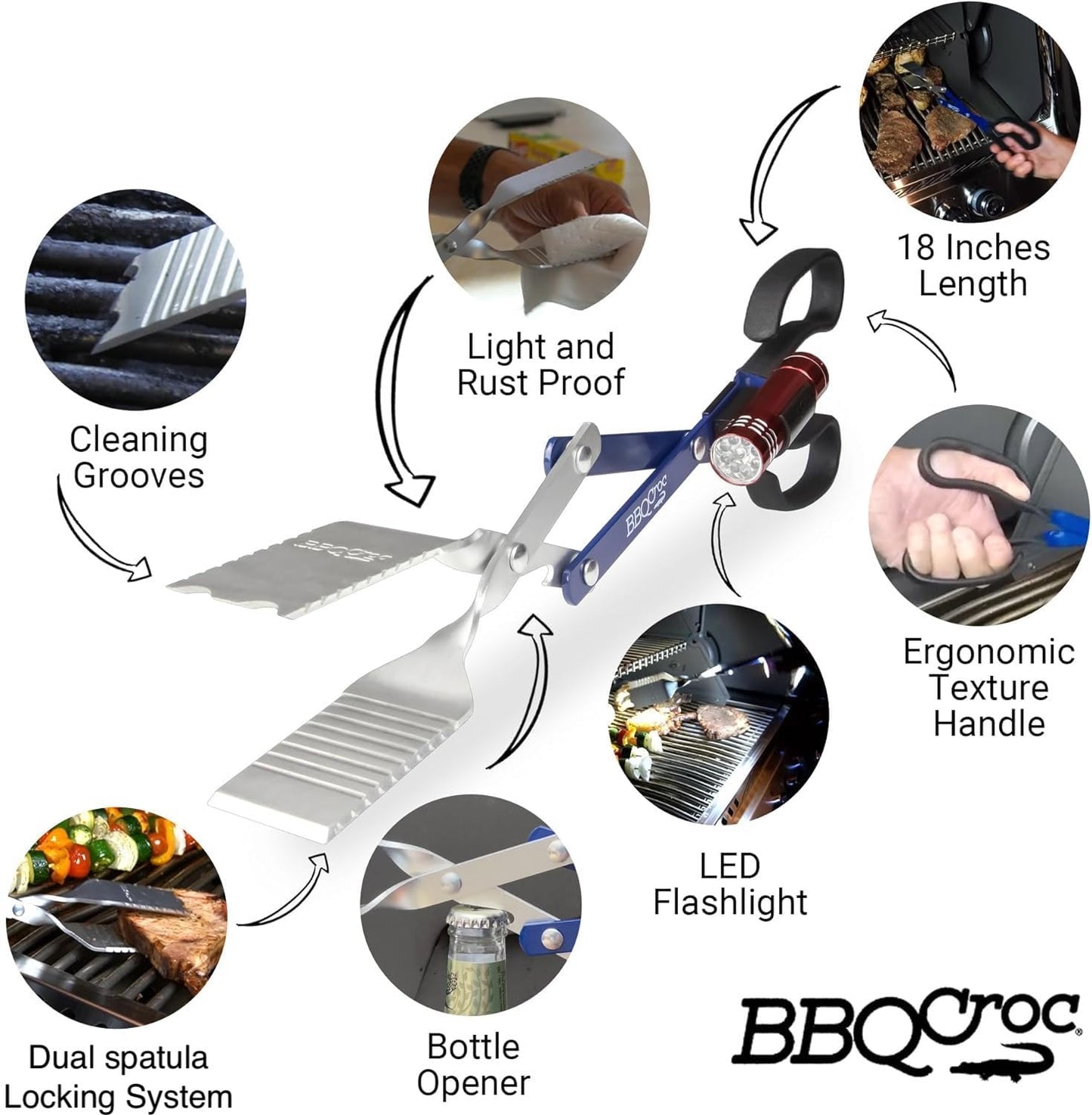 BBQ Croc 3-in-1 Barbecue Tool Pack - 15-inch & 18-inch with Light - Extra Light Tongs, Spatula and Grill Scraper (18 inch + 15 inch with Flashlight)