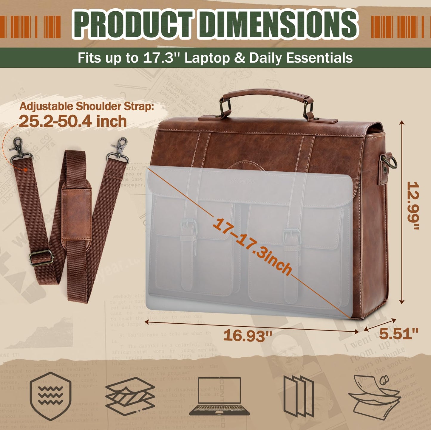 RAINSMORE Mens Messenger Bag 17 Inch Leather Laptop Briefcase Satchel Computer Shoulder Bag for Business Travel Work College, Brown