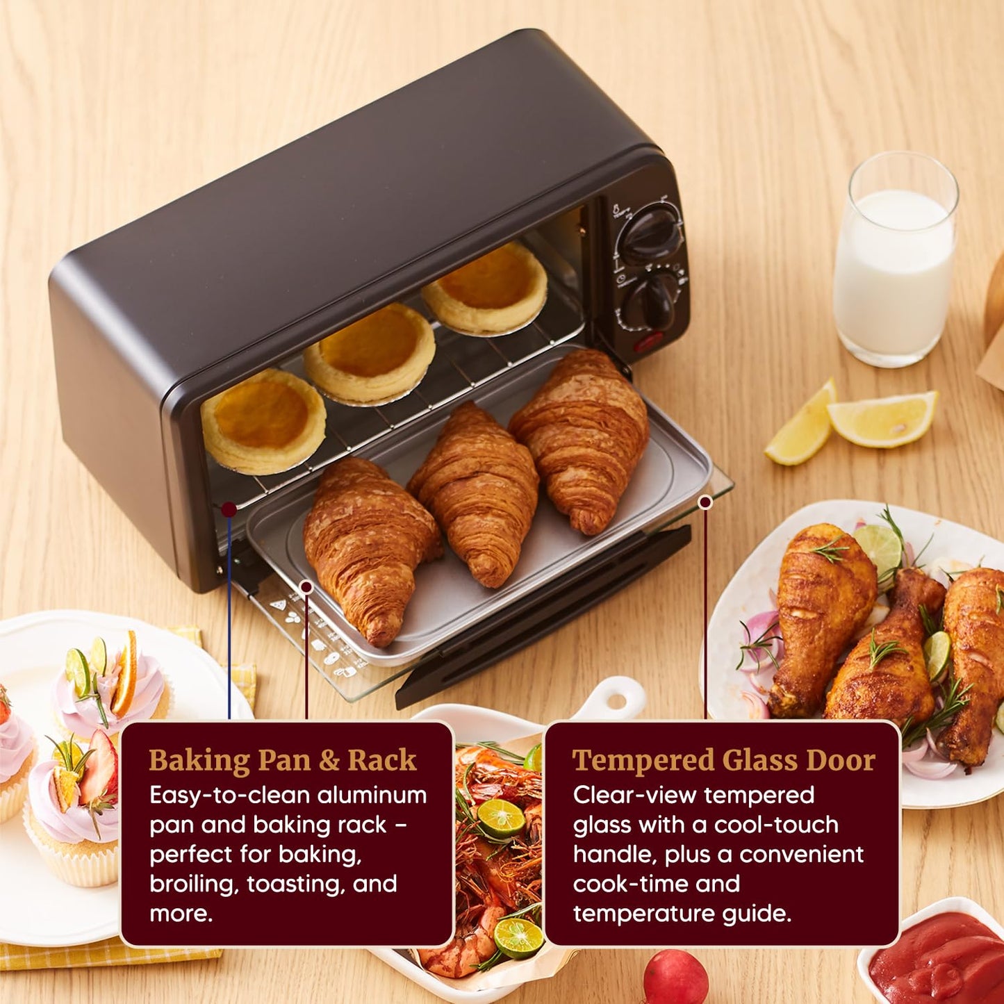 Elite Gourmet ETO236 Personal 2 Slice Countertop Toaster Oven with 15 Minute Timer Includes Pan and Wire Rack, Bake, Broil, Toast, Black