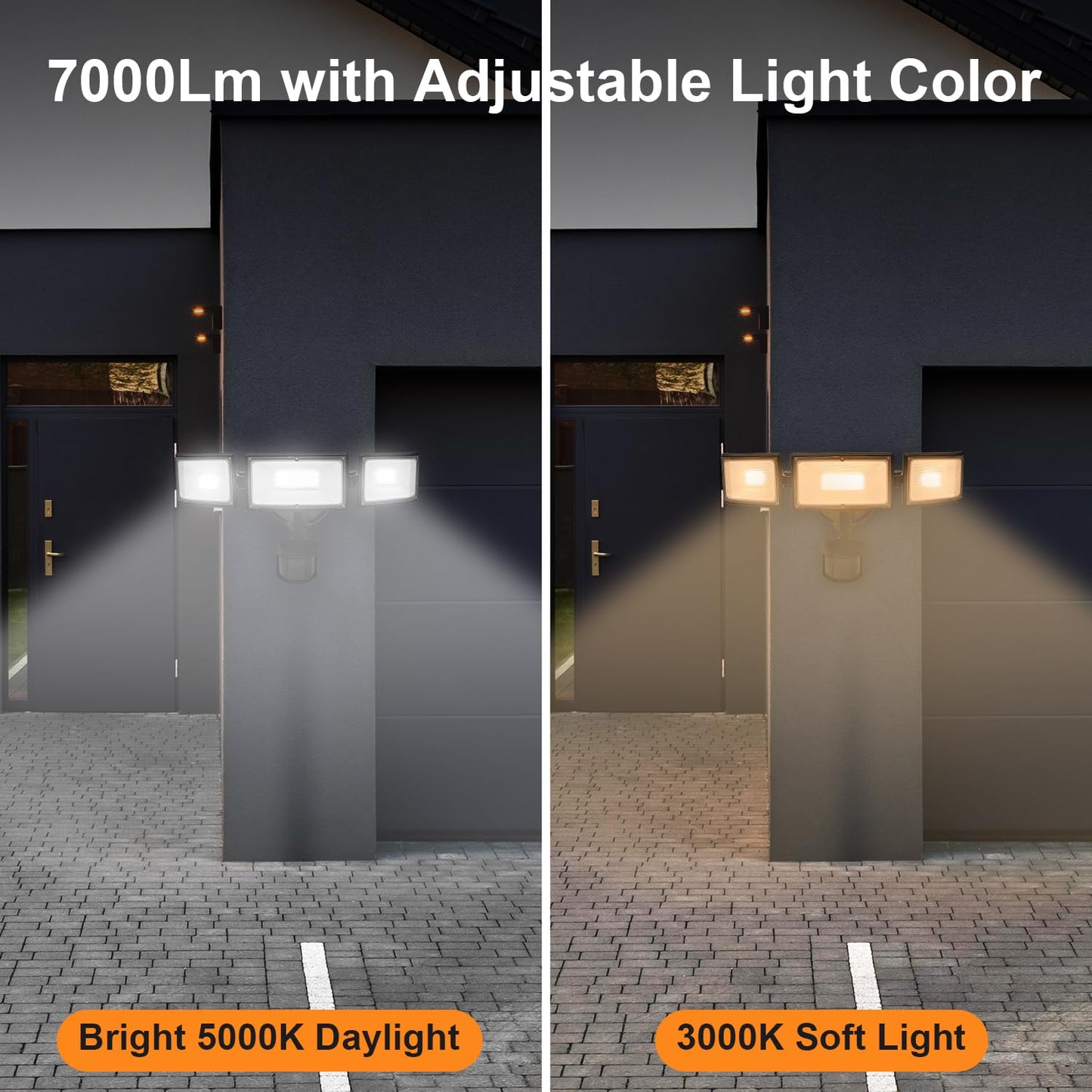 CELAVY 70W LED Security Lights with Motion Sensor Outdoor, 7000 Lumen Super Bright, 3000K/5000K Light, IP65 Waterproof, Dusk to Dawn, 3 Heads Motion Detected Flood Light Garage Yard Porch (Black)