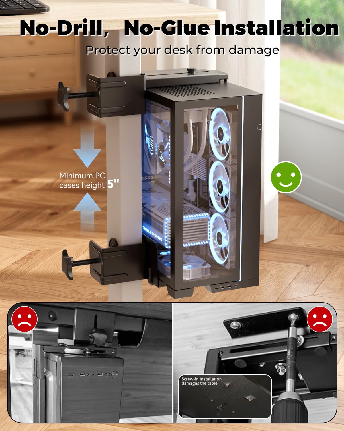 JOY worker Under Desk PC Mount for Standing Desk, Clamp-On Desk Leg Computer Mount, No Drilling, Adjustable Computer Case CPU Holder Holds Up to 44lbs, Black PC Tower Mount