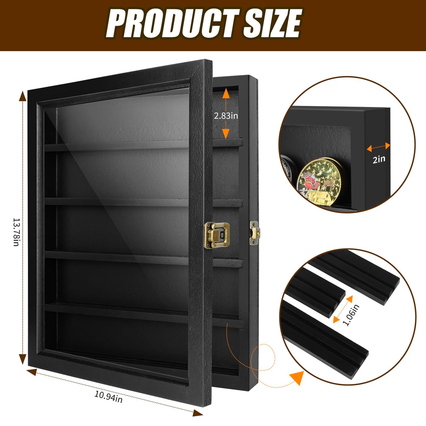 ULTRGEE Challenge Coin Display Case, Coin Collection Display Stand for Wall Military Medal Shadow Box Display Cabinet with Removable Dual Recessed Shelves and Acrylic Panel -Black