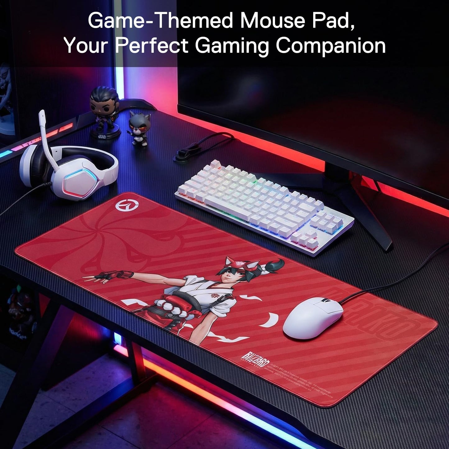 Blizzard Overwatch Large Game Mouse Pad, XXL Keyboard Pad for Gamer, Office & Home, Non-Slip Rubber Base, Extended Desk Mat with Stitched Edge, Easy to Clean,Upgraded, 80 * 30cm (The Kiriko Red)
