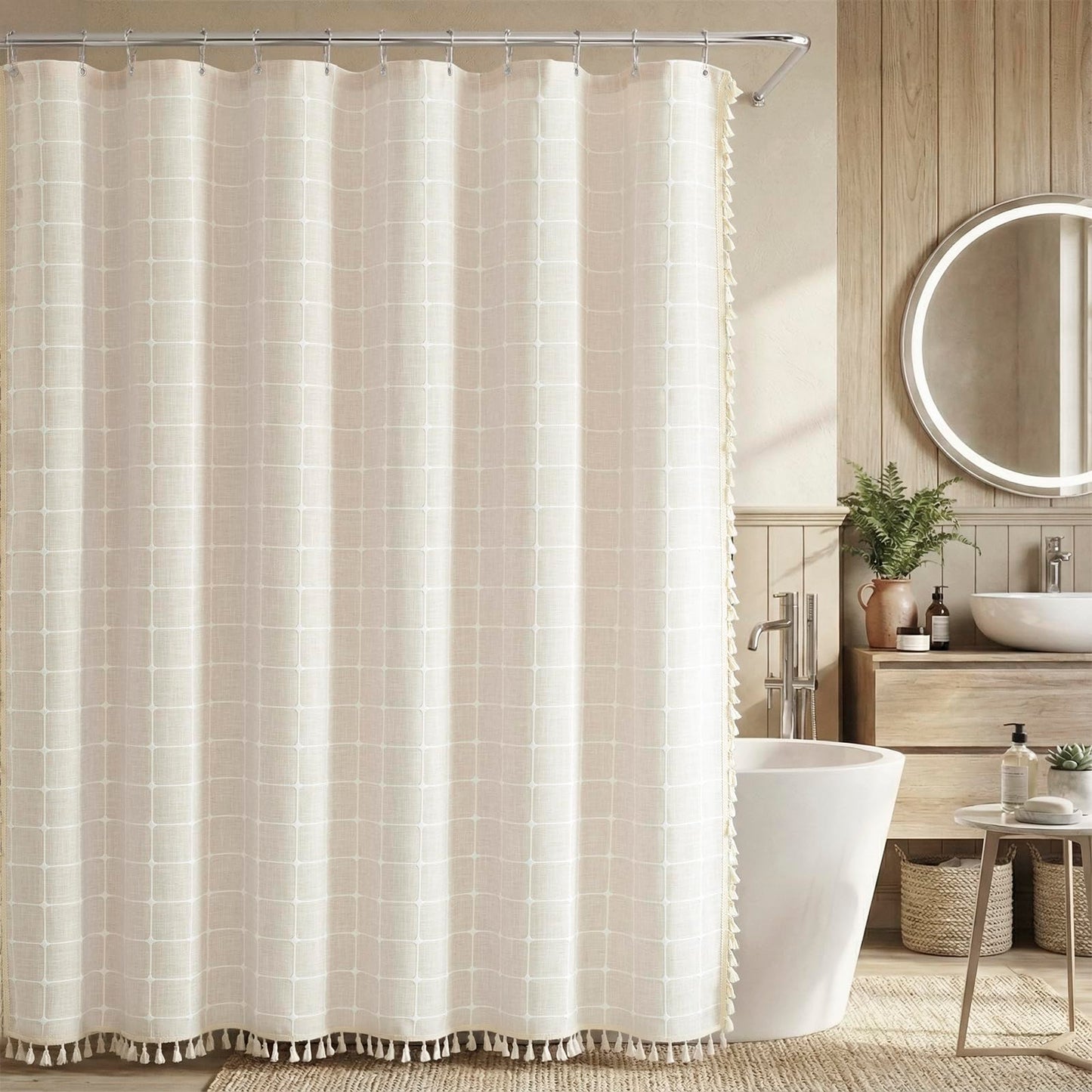 Boho Farmhouse Shower Curtain Beige Linen Shower Curtains 72 x 72 inch