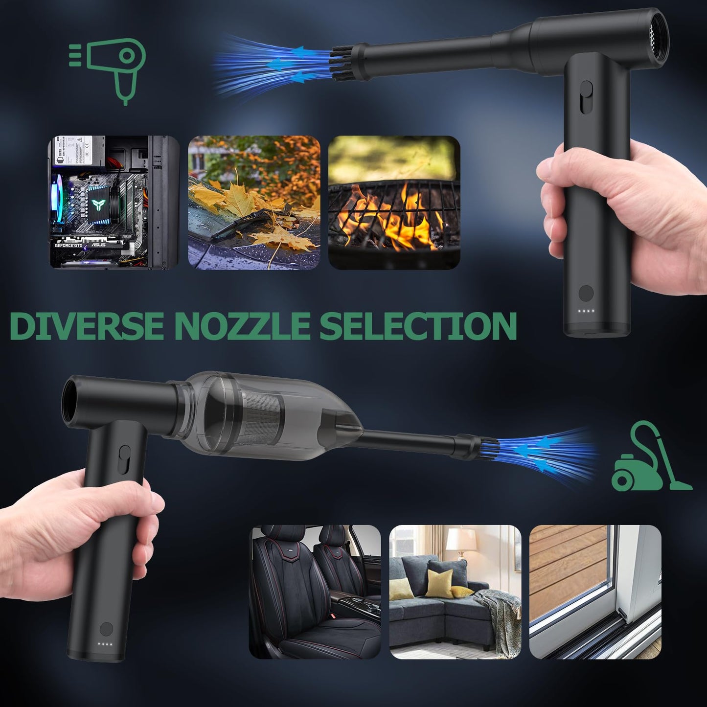 2-in-1 Air Duster and Vacuum Cleaner Cordless Air Blower with Adjustable Speed 37m/s, 4 Removable Nozzles, Rechargeable Mini Blower for Keyboard, PC, Car Cleaning and Outdoor Use