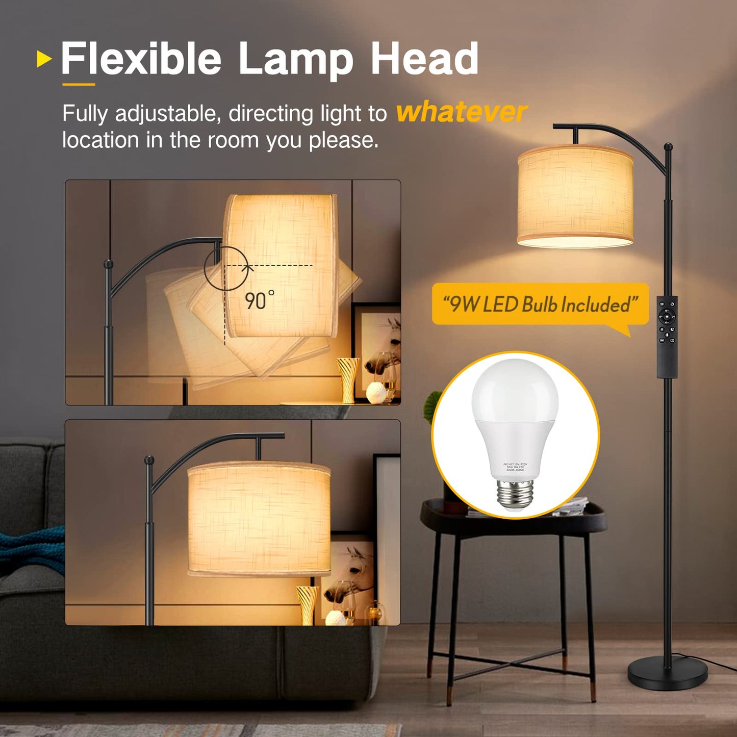 OUTON Arc Floor Lamp with Remote Control, Dimmable & 4 Color Temperatures Adjustable Modern Lamp, 810 Lumens Bulb Included, 1 Hour Timer, Reading Standing Lamp for Living Room, Bedroom, White Shade