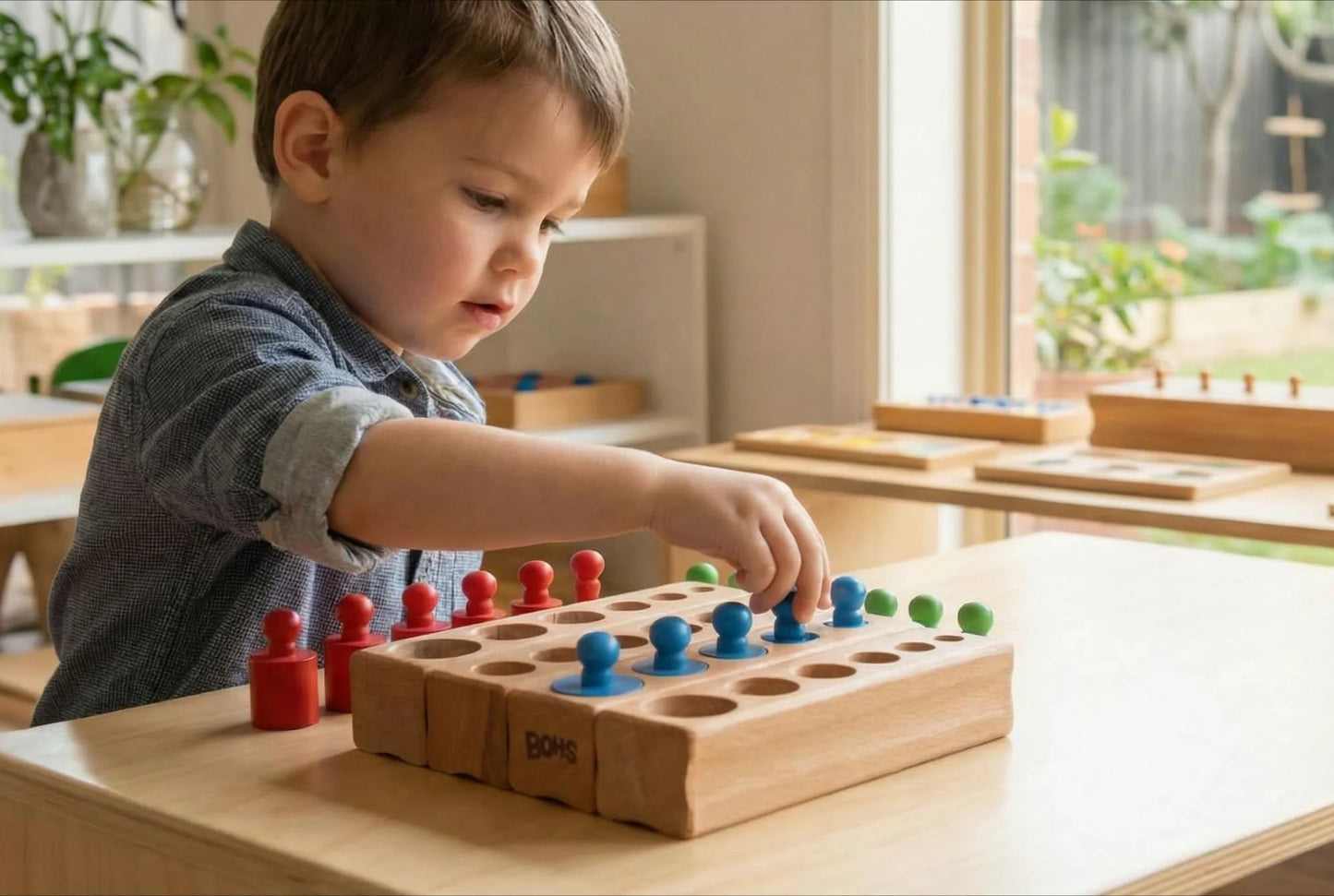 BOHS Montessori Knobbed Cylinders Blocks - 6 Pegs / 6.7 Inches - Colorful Wooden Early Home School Toys - 4pcs Set