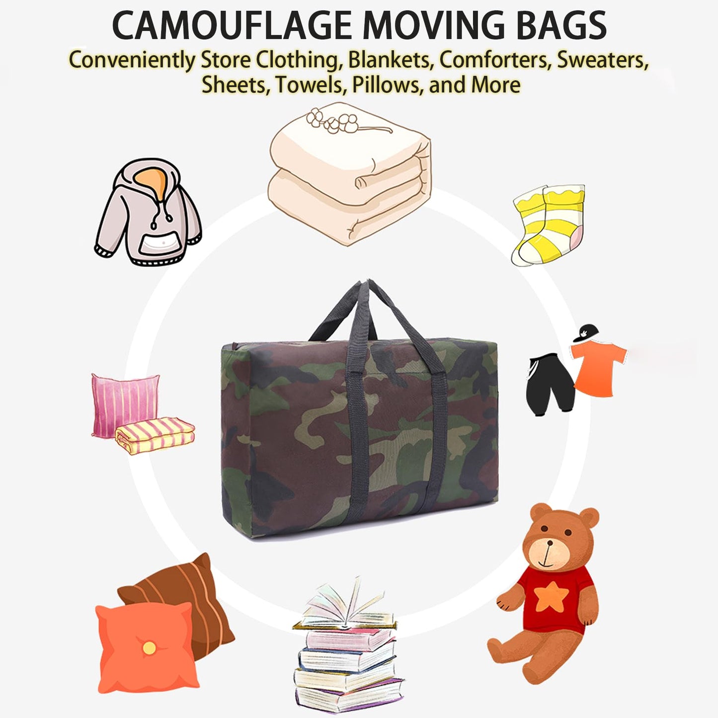 4 Packs Camouflage Extra Large Moving Bags, 125L Heavy Duty Storage Bags, Waterproof Oxford Storage Tote Duffle Bag with Zippers for Clothes, Bedding, Comforters, Pillows, Moving