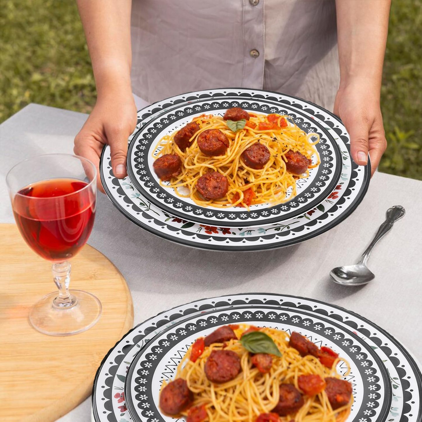 Gofunfun 12-Piece Melamine Dinnerware Sets,Unbreakable Dinnerware for Indoor and Outdoor Use, Dishwasher Safe, Lightweight Dinner Service for 4, Black and White, Retro Flower, ZS-DM011