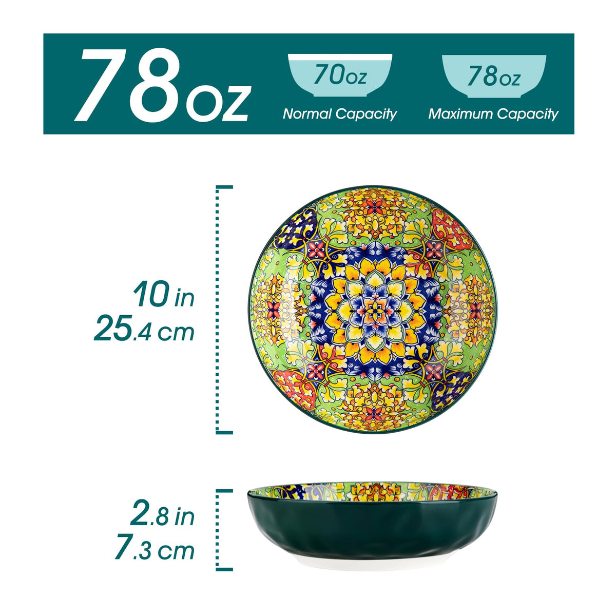 vancasso Large Serving Bowls, 78 Oz Extra Large Salad Bowls Set of 2, Bohemian Decorative Bowls for Salad, Fruit, Pasta and Dinner, Serving Dishes Set for Party, Dishwasher & Microwave Safe－Green