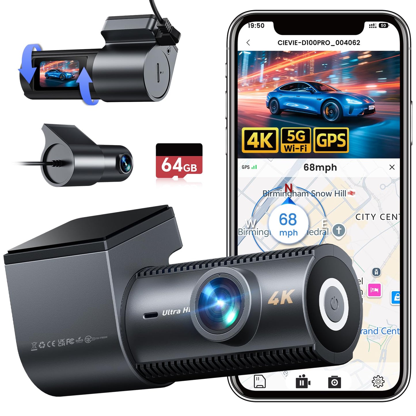 CIEVIE Dash Cam Front and Rear Camera, 5G WiFi & GPS & 64GB Card, 4K+1080P Dual Dash Camera for Cars, 1.5" Display Dashcam, Night Vision, 24H Parking Mode, G-Sensor, Loop Recording, WDR, 170° Angle