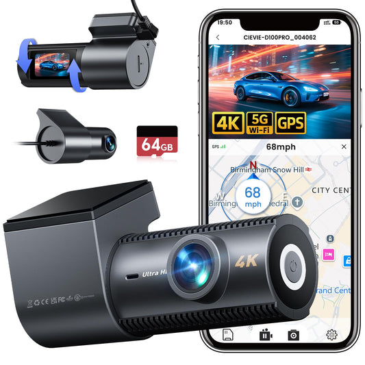 CIEVIE Dash Cam Front and Rear Camera, 5G WiFi & GPS & 64GB Card, 4K+1080P Dual Dash Camera for Cars, 1.5" Display Dashcam, Night Vision, 24H Parking Mode, G-Sensor, Loop Recording, WDR, 170° Angle