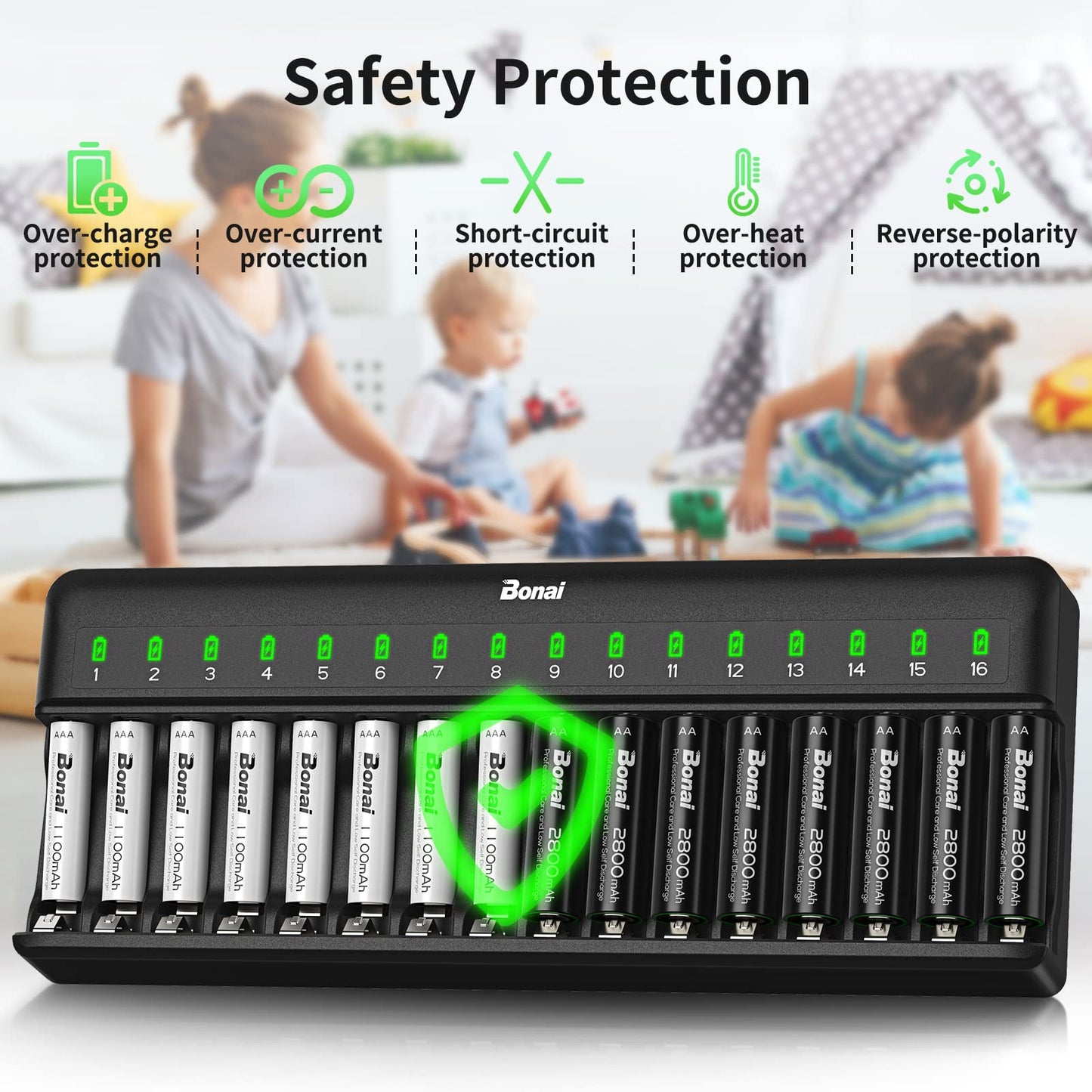 BONAI 16 Slot Battery Charger for AA AAA NiMH NiCD Rechargeable Batteries Independent Control with LED Light and Standard AC Charging Plug, Battery not Included - Black