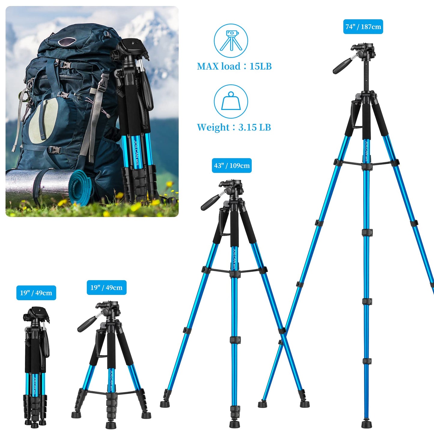 74" Tripod for Camera Cell Phone Video Photography, Heavy Duty Tall Camera Stand, Professional Travel DSLR Tripods Compatible with Canon Nikon iPhone, Max Load 15 LB