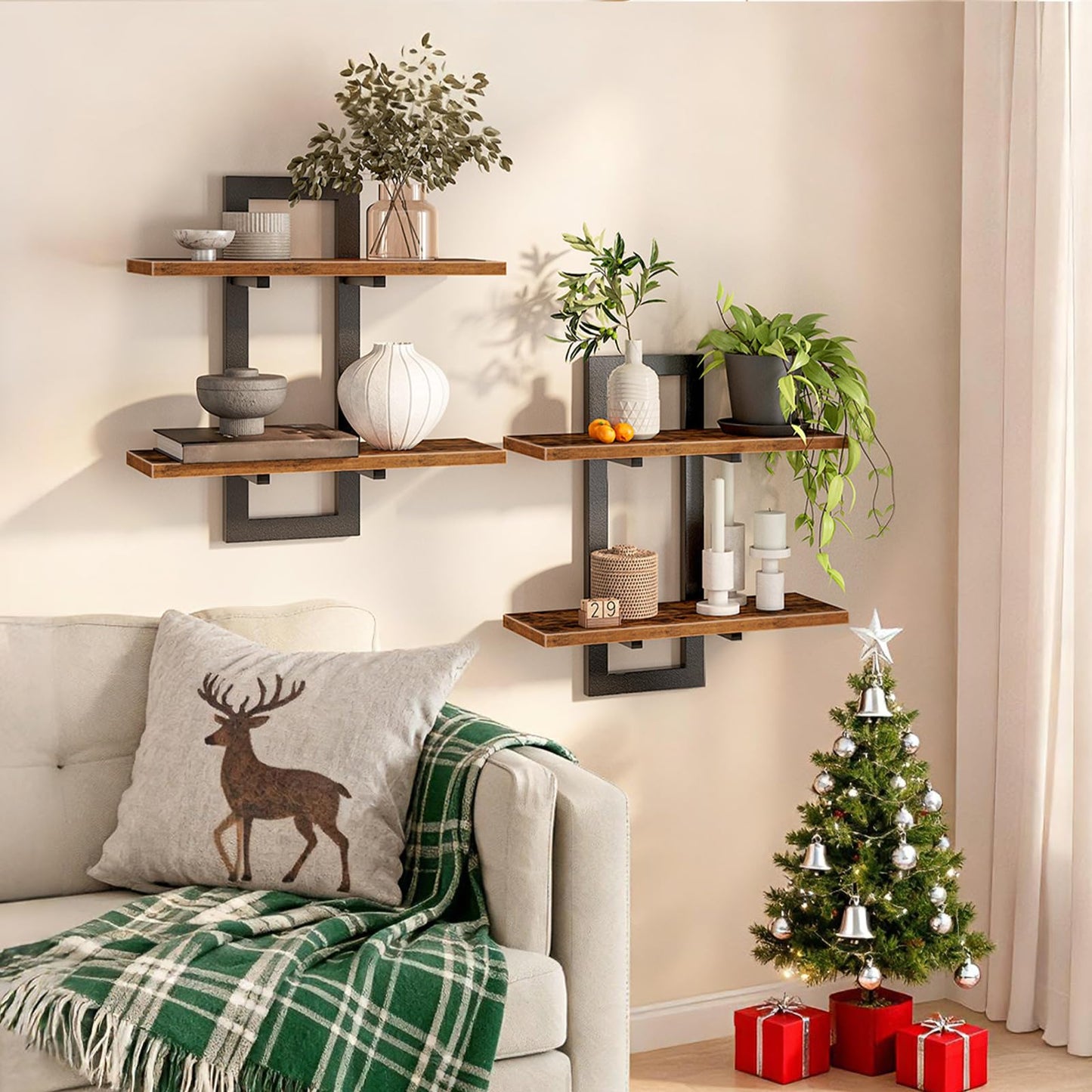 HOOBRO Floating Shelves, 38 cm Wall Shelf Set of 2, Wall Mounted Storage Shelves 2-Tier, Hanging Bathroom Shelves, for Living Room, Bedroom, Bathroom, Kitchen, Rustic Brown and Black BF32BJ01