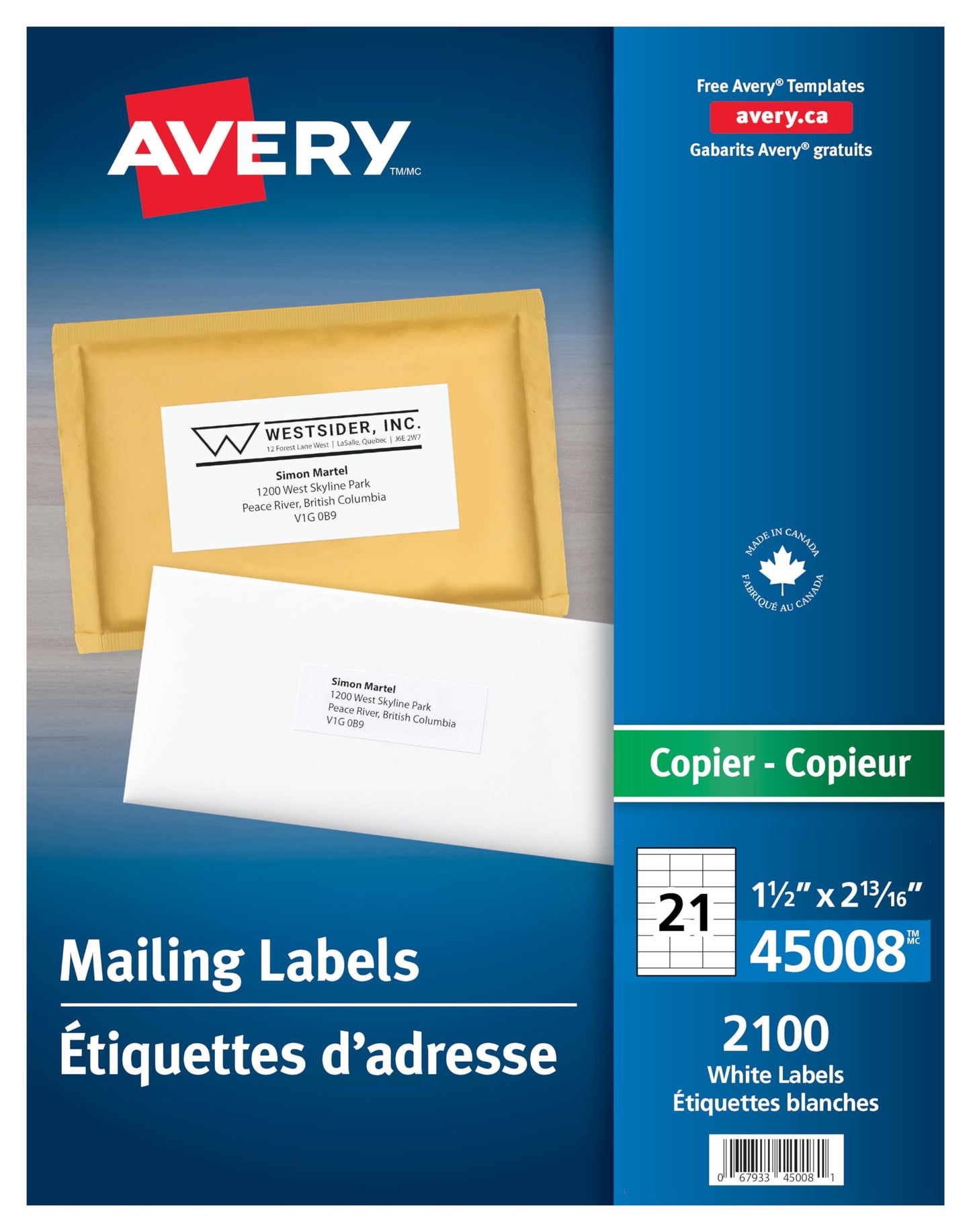AVERY Address Mailing Labels for Copiers, 2-13/16" x 1-1/2", White, Rectangle, 2100 Labels, Permanent (45008) Made in Canada