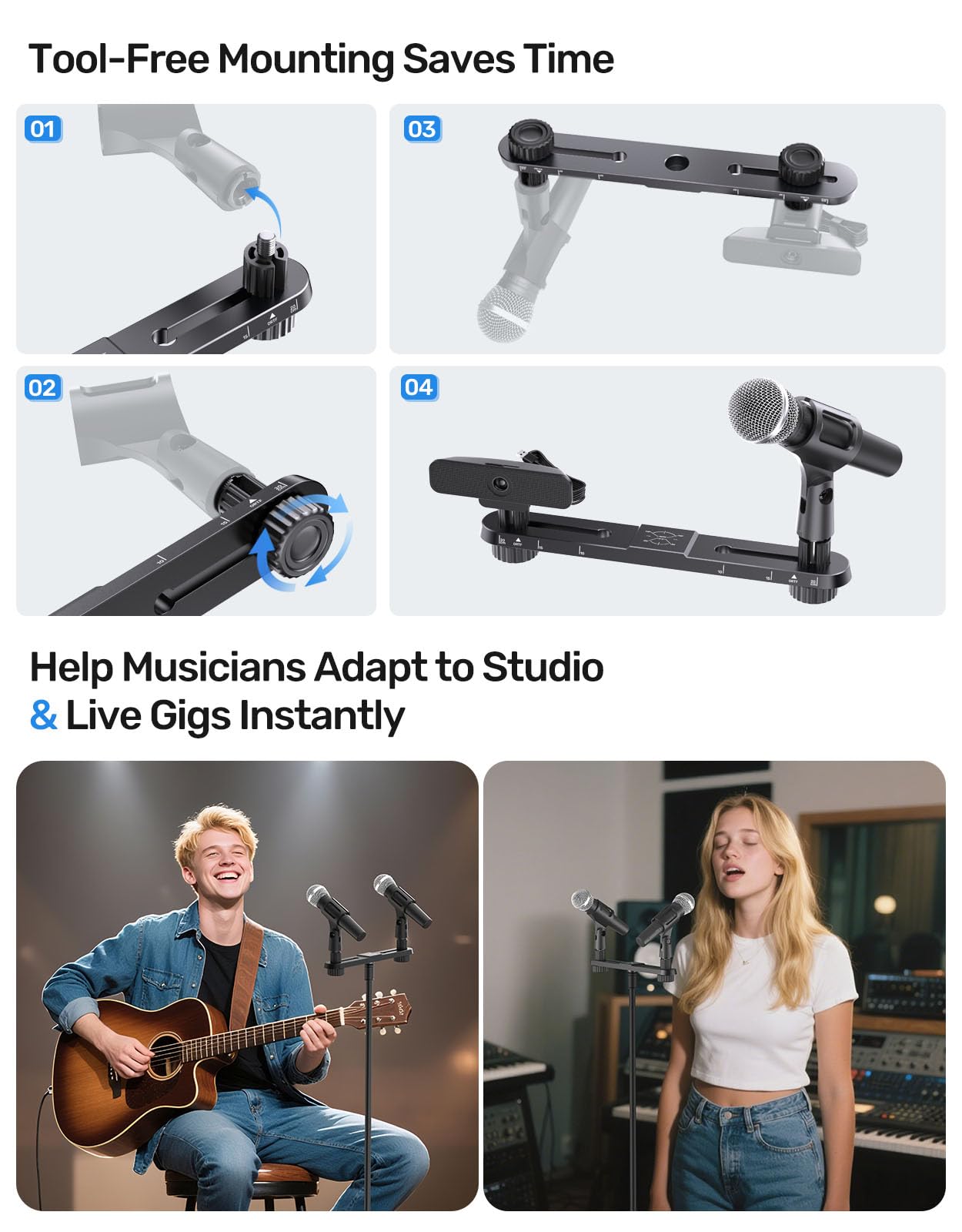 Stereo Mic Bar, Adjustable Dual Microphone Mount Bar,Universal Double Mic Holder for Stand,Precision Stereo Spacing Mic Bar for Podcast,Live Streaming,Studio Recording,Fit 3/8"&5/8" Threaded Mic Stand