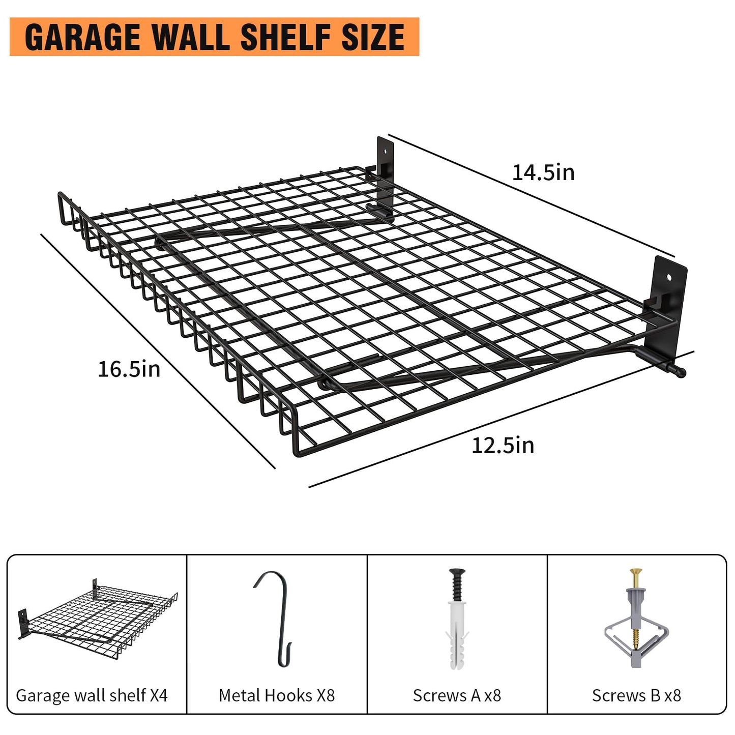 Foldable Wall Shelf, 4 Pack Wall Mounted Garage Storage Shelves, Heavy Duty Metal Floating Shelves with 8 Hooks, 180 LBS Capacity, for Office, Kitchen and Laundry Room