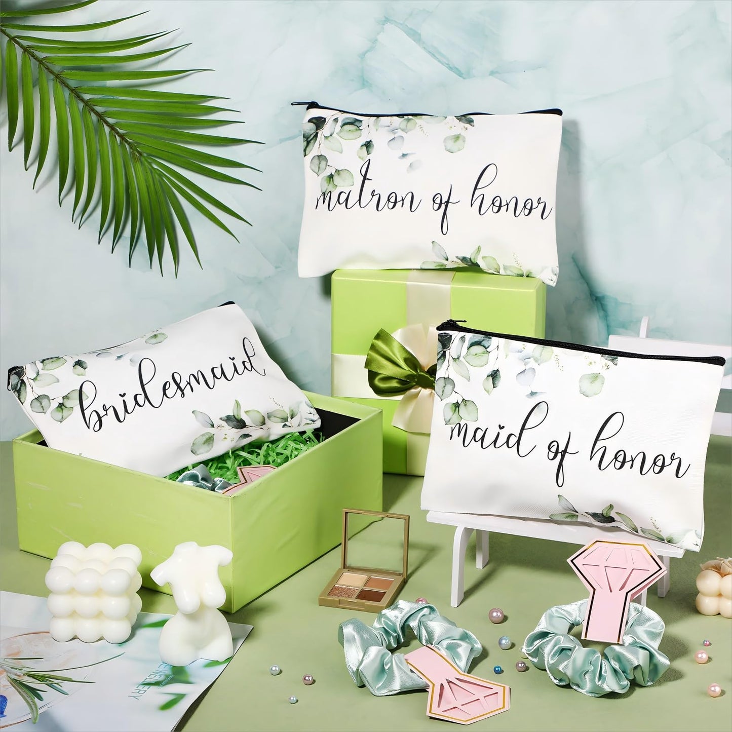 24 Pcs Wedding Themed Supplies Include 8 Bridesmaid Proposal Box 8 Bridesmaid Canvas Makeup Bags Matron of Honor Bag and 8 Hair Scrunchies Bridal Satin Hair Band for Bridal Shower Wedding Party