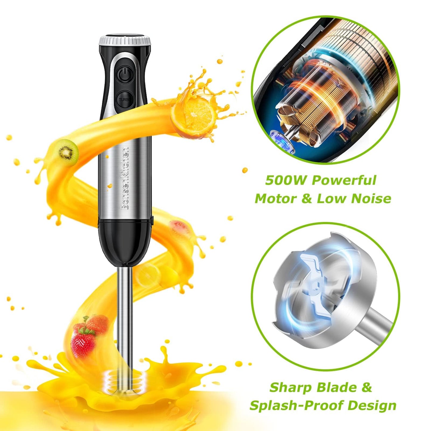 Bonsenkitchen 4-in-1 Immersion Blender Handheld, 20 Speeds Hand Blender with Turbo Mode, Stainless Steel Blade, Egg Whisk, Beaker & Chopper Bowl, Stick Mixer for Soup，Smoothie，Puree，Baby Food