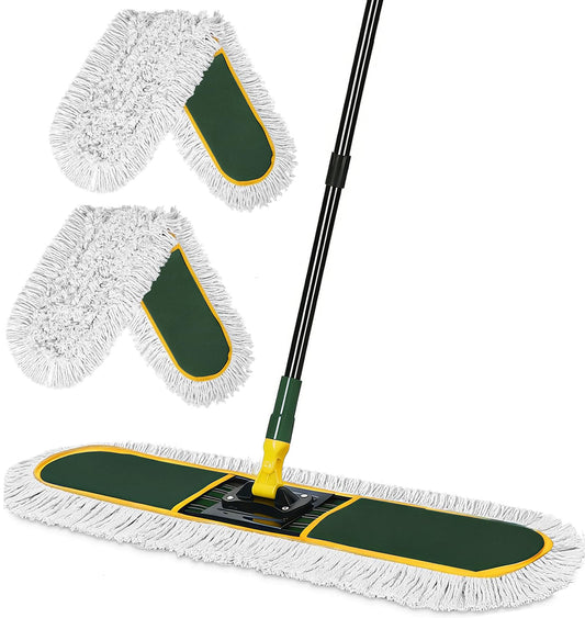 24 Inch Commercial Dust Mop,Heavy Duty Dry Wet Dust Mops Broom for Hardwood Floor, Laminate, Tile, Concrete Cleaning | 60 Extendable Handle & 2 Cotton Mop Heads | Home, Garage, Warehouse Use