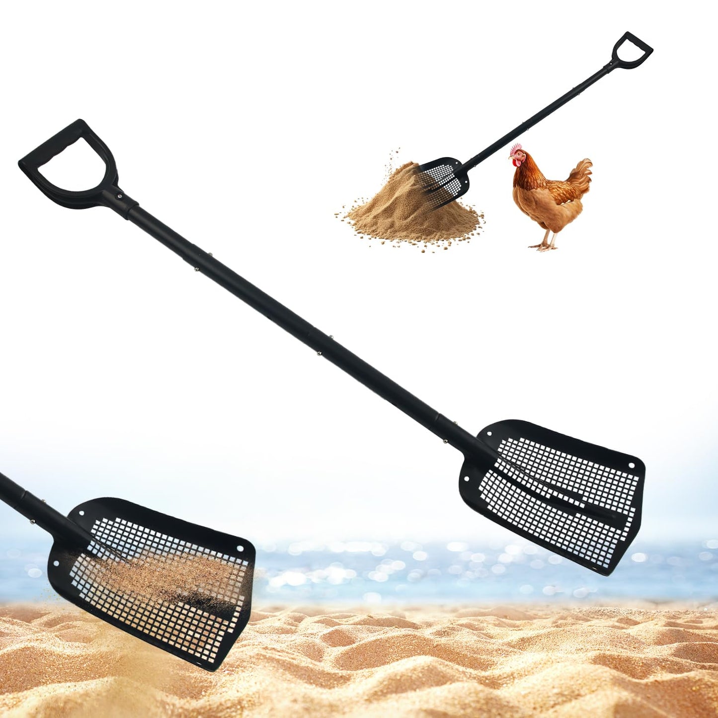 Sand Sifting Shovel, Detachable Beach Sifter Scooper Coop Scoop with Adjustable Length Heavy Duty Sand Sifting Tool for Fun Farm Chicken House Goat Shed Cleaning