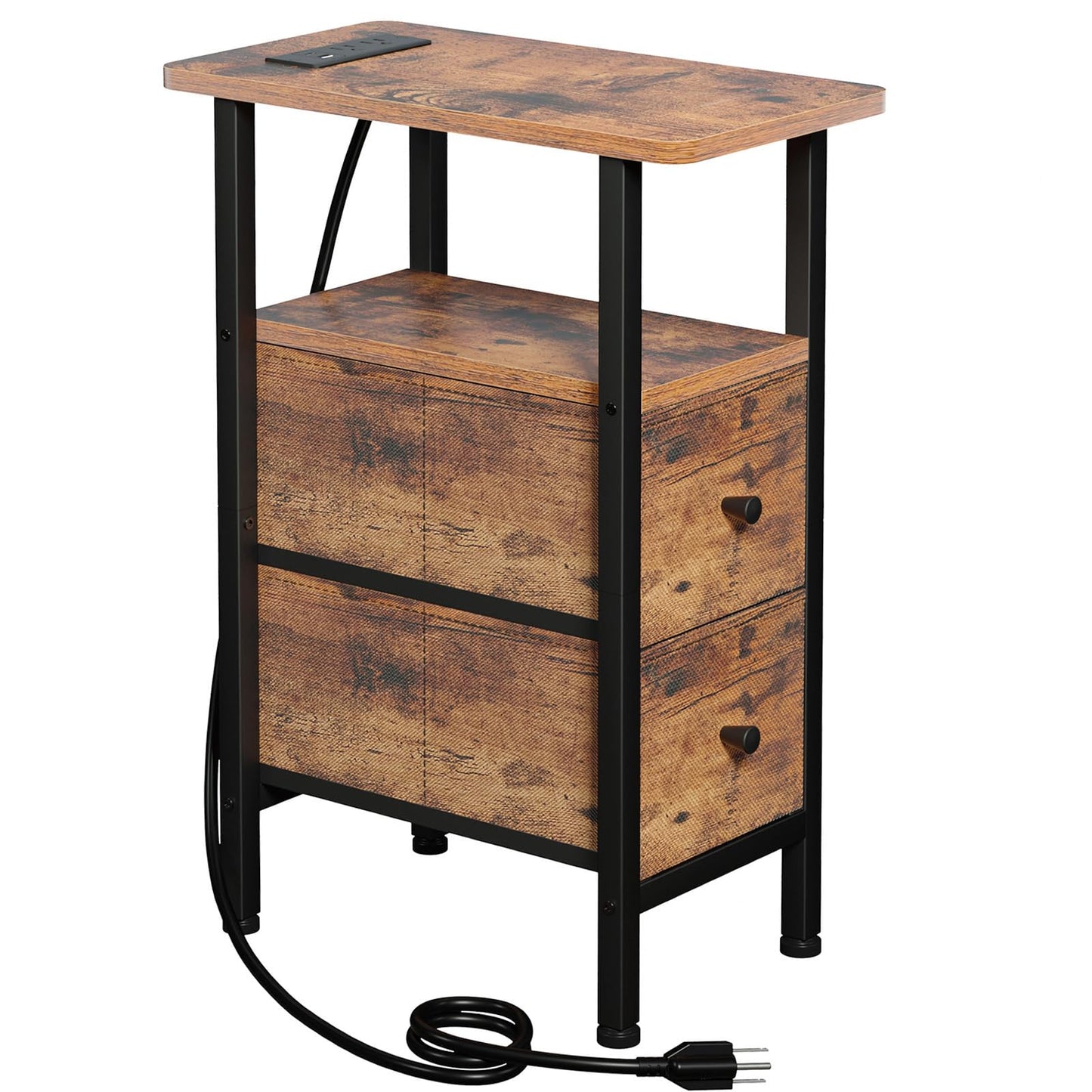 LOAKEKEL Narrow End Table with Charging Station, Skinny Side Table with 2 Fabric Drawers, Slim Nightstand for Living Room, Bedroom, Couch, Small Spaces, Rustic Brown, HETNDP02PBR-1