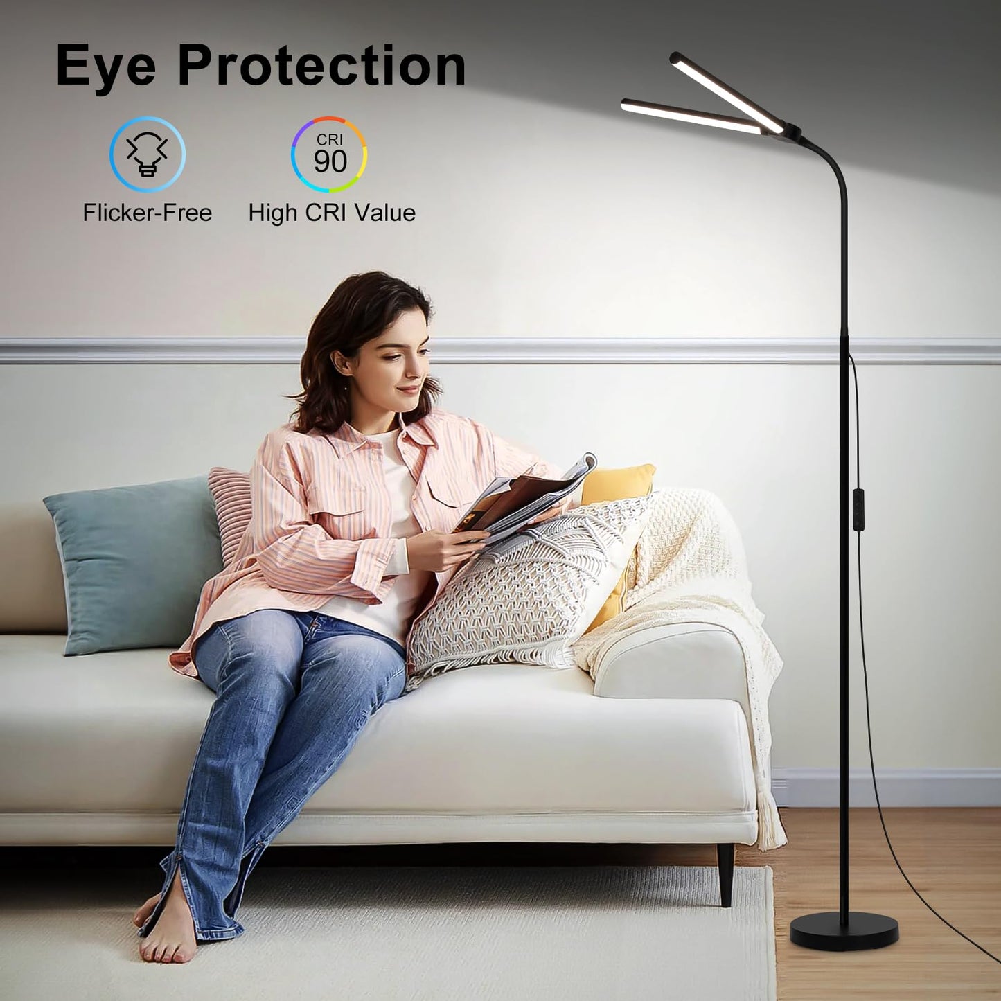 LED Floor Lamp, 18W/2000LM Bright Floor Lamps for Living Room, Dimmable Eye Caring Reading Light with Double Head, Adjustable Gooseneck Modern Standing Office Lamp for Lash Extension Craft Tatoo