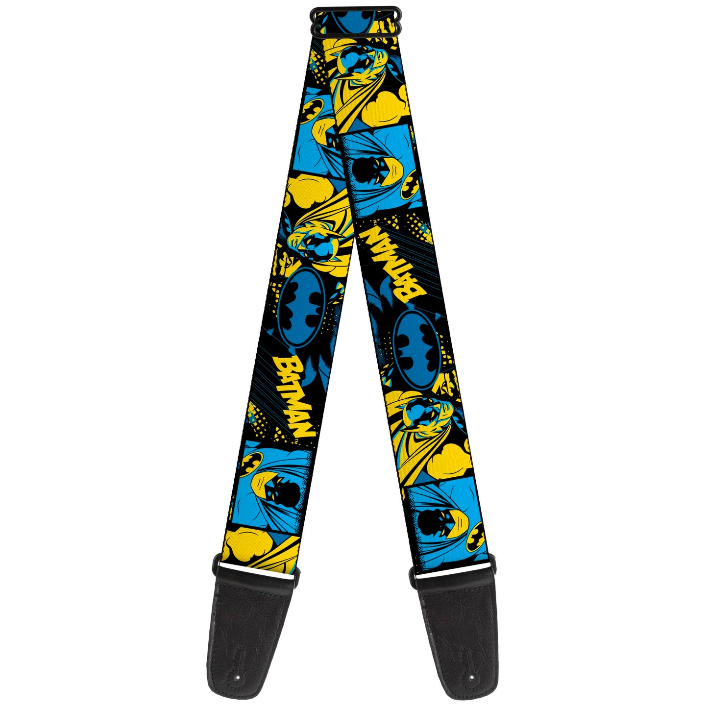 Buckle-Down DC Comics Guitar Strap, Batman Poses and Logo Collage Black Blue Yellow, 2 Inches Wide, Blue, 2" Wide - 29-54" Length