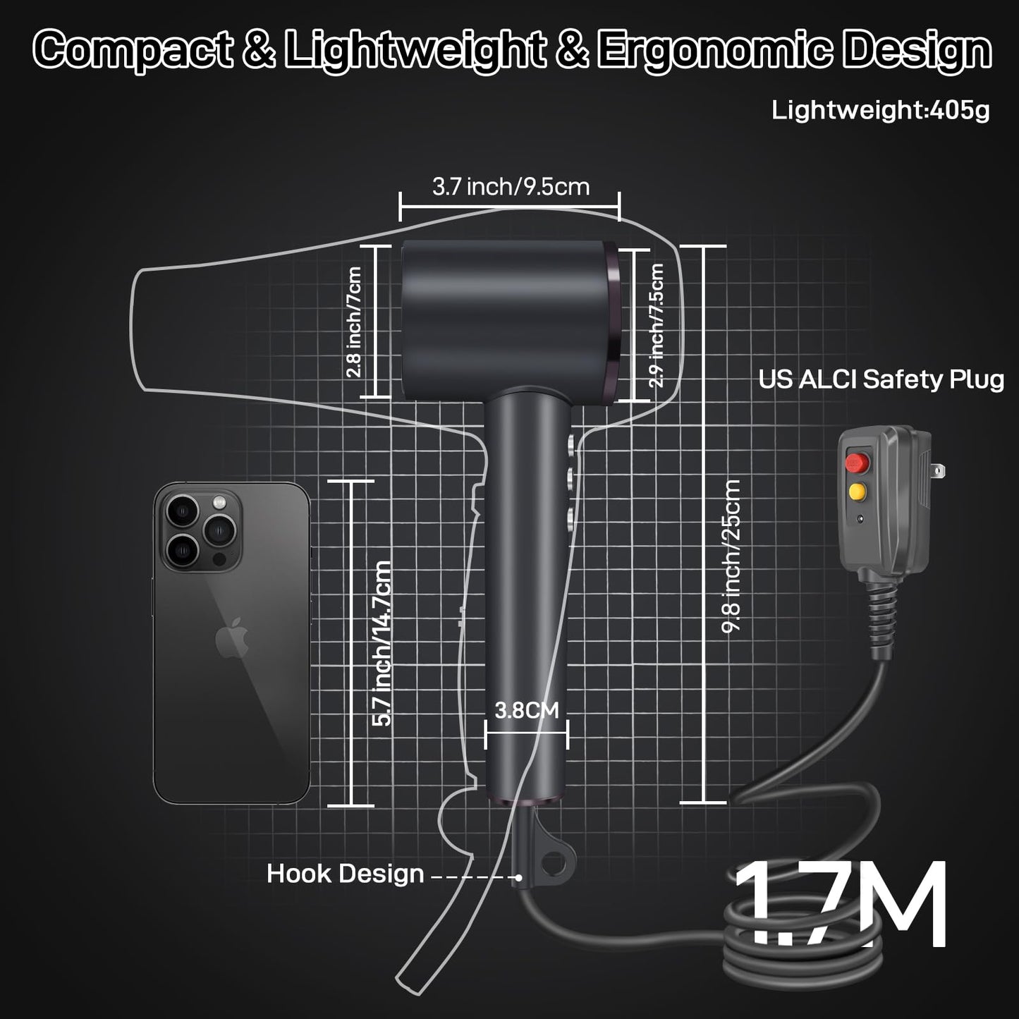 CIICII Negative Ionic Hair Dryer Professional, 120000RPM High Speed Blow Dryer (1600W Brushless/ 3-Speed/ 4-Temp & HD Display & Portable Bag) Fast Drying Hairdryer for Home, Travel & Salon (Black)