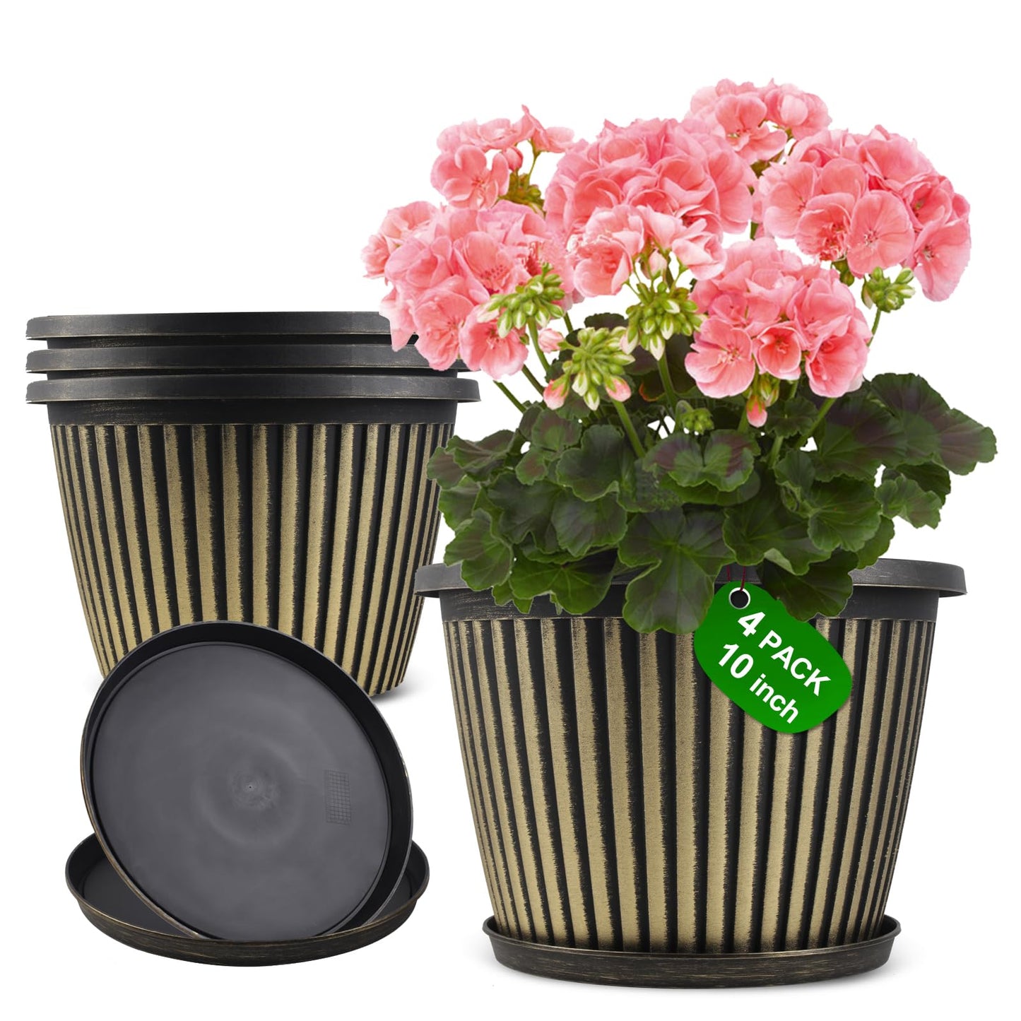 10 Inch Planter-Pots-for-Plants-Indoor-Outdoor, 4 Pack Plastic Flower Pots with Saucer & Drainage Holes, Modern Decorative Resin Garden Pots for Planting Medium Large Plants