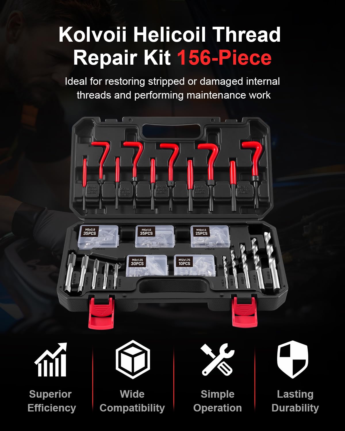 Kolvoii 156-Piece Metric Helicoil Thread Repair Kit, M5 M6 M8 M10 M12 Professional Helicoil kit with HSS Drill Bit, Taps & Stainless Steel Inserts for Stripped Thread & Bolt Thread Repair