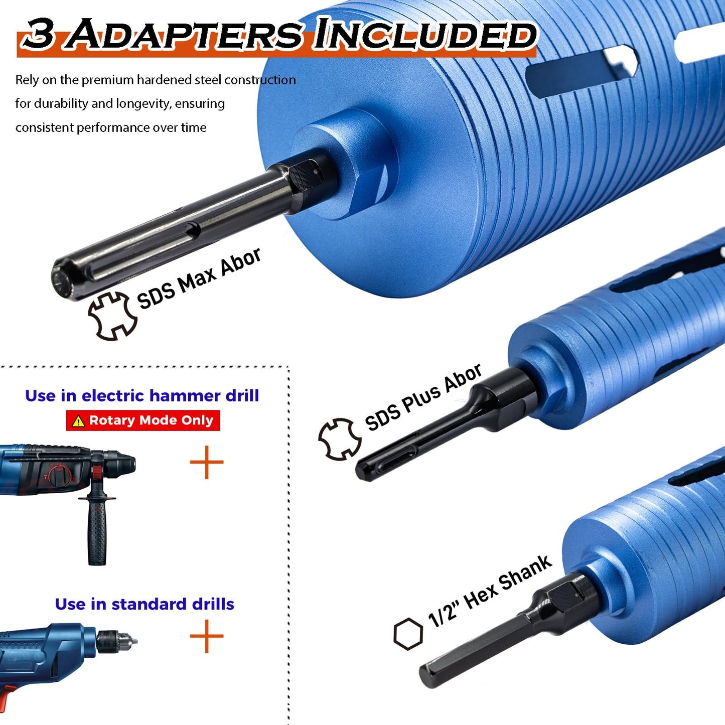 DaduoRi 2 1/2" Dry Core Drill Bit, 5/8"-11 Thread, with 3 Adapters Included: SDS Plus, SDS Max and 1/2" Hex Shank; 9.5" Drill Depth, 2.5 inch Diamond Core Bits for Concrete Brick Block and Masonry