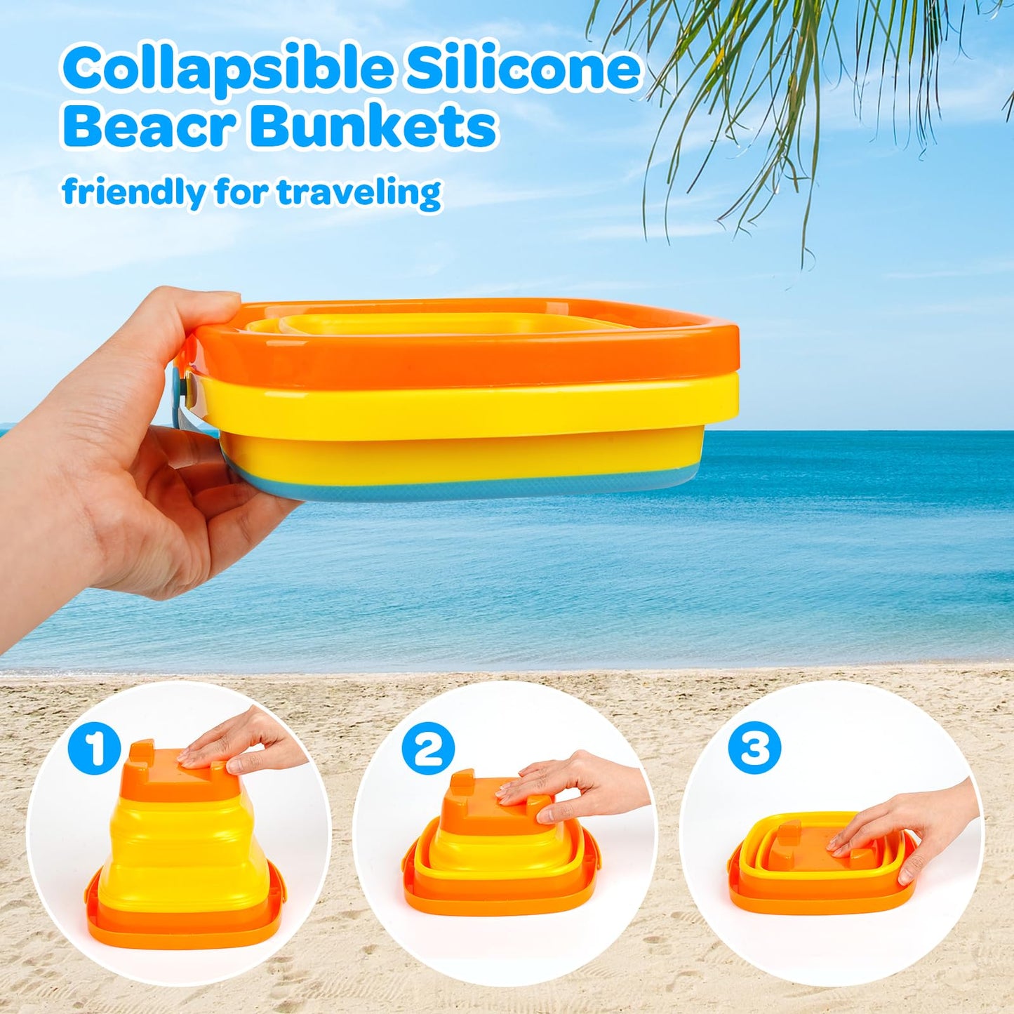 Beach Toys Play Sand Set Sandbox with 2 Cars 2 Collapsible Sand Buckets, Shovel, Rake, Sand Castle Kit, Animal Molds and Mesh Bag, Travel Toys for Kids Toddlers Boys Girls Age 3-10