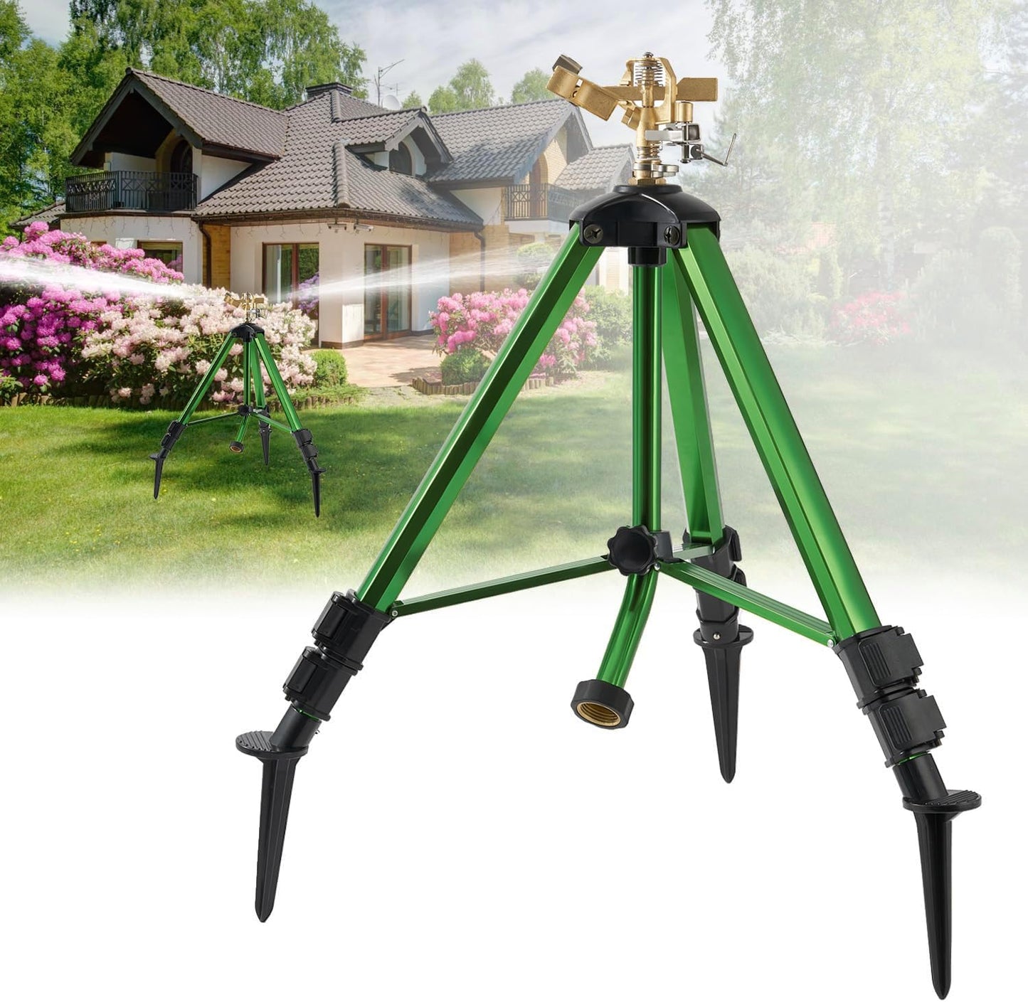 Tripod Sprinklers for Yard,Nalupatio Impact Sprinkler on Tripod Base,Heavy Duty Brass Sprinklers,270 Degree Large Area Irrigation,3/4 Inch Connector Sprinkler with Legs Flip Locks for Lawn/Yard,1 Pack
