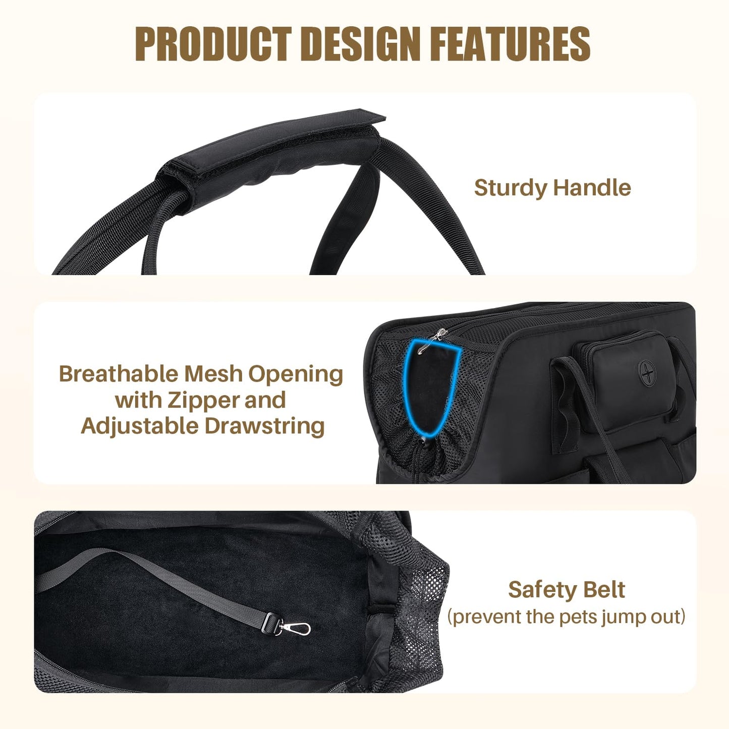 SlowTon Dog Purse Carrier - Portable Dog Carrier Tote Bag with Pockets & Safety Leash, Breathable Pet Handbag for Small to Medium Cats Puppies (Black)