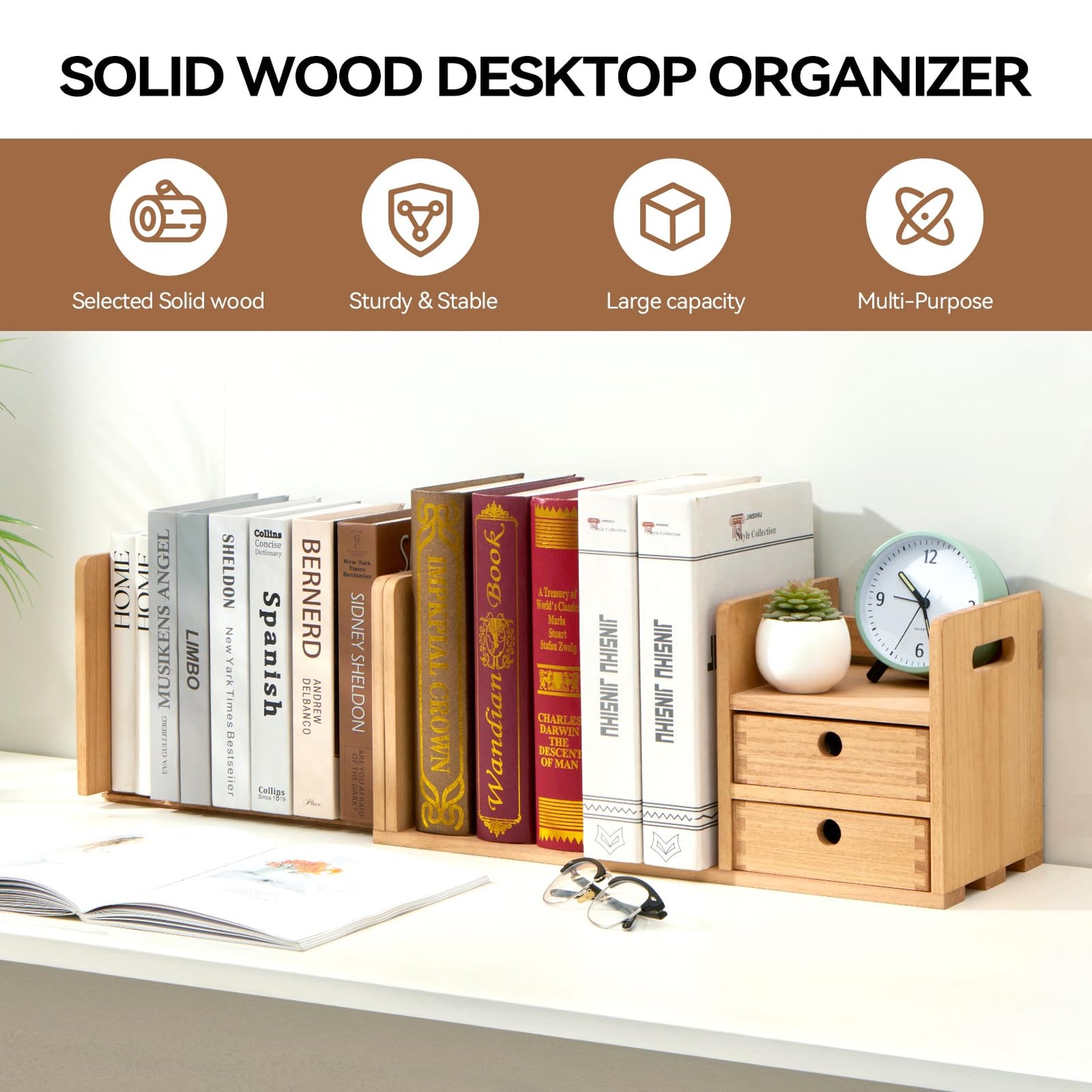 KIRIGEN Wood Adjustable Desk Orangizer Storage Expanable Desktop Bookshelf Fully Assembled Bookcase Adjustable Book Rack with Drawer for Office SSSJ-L-NA