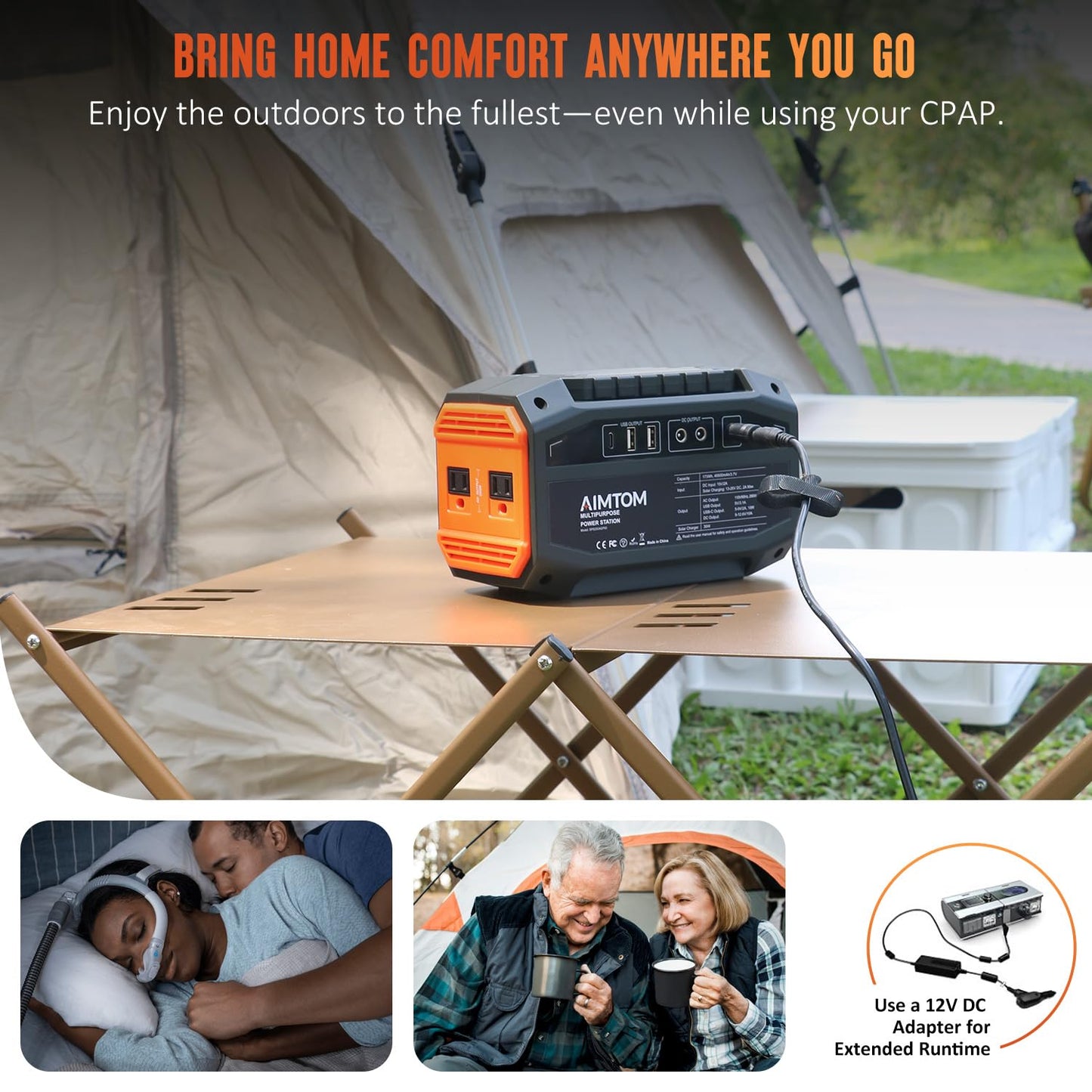 AIMTOM Portable Power Station 173Wh Lithium Battery, 200W AC Outlet (250W Surge), 18W USB-C, 2x USB-A, 2x 12V DC Outputs, LED Flashlight – Ideal for Camping, Travel, Emergency Backup, RV, Home Use