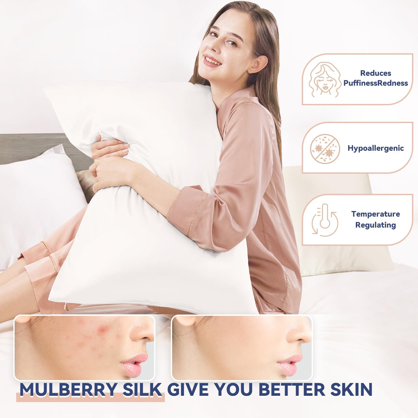 Jaciu 100% Silk Pillowcase, for Hair and Skin, Both Side Mulberry Silk Pillowcase 21 Momme 600 Thread Count with Hidden Zipper Hypoallergenic Soft and Breathable（Ivory White,Queen: 20"x30",1pcs）