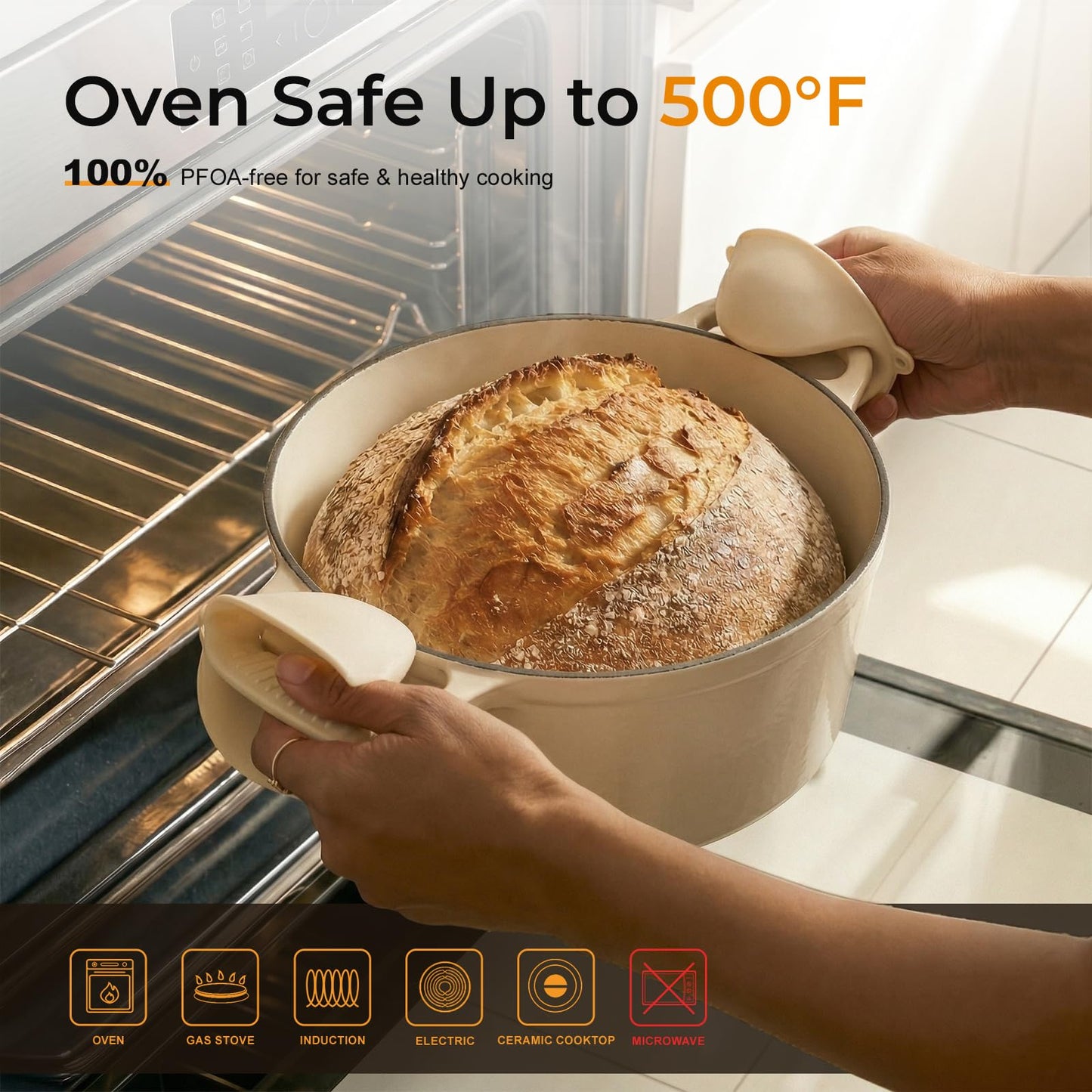 Parmedu 5.5QT Enameled Cast Iron Dutch Oven with Lid, Cream White Heavy Duty Pot for Sourdough, Bread Baking, Soup, Stews & Roasting with Recipe, Heat-Resistant Grips, Potholder, Cleaning Sponge