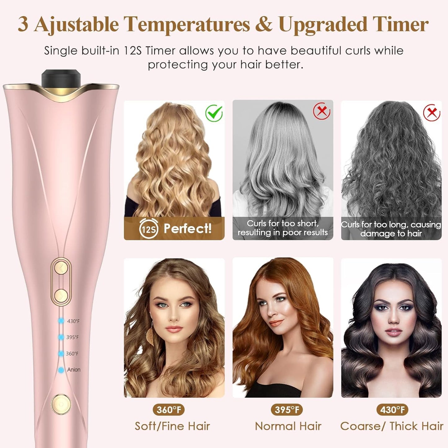 Automatic Curling Iron 1 Inch, Smart Anti-Tangle Automatic Hair Curler with 3 Temperature to 430°F, Ceramic Curling Wand, 500 Million Ionic, Dual Voltage Rotating Curling Iron for Travel, Pink