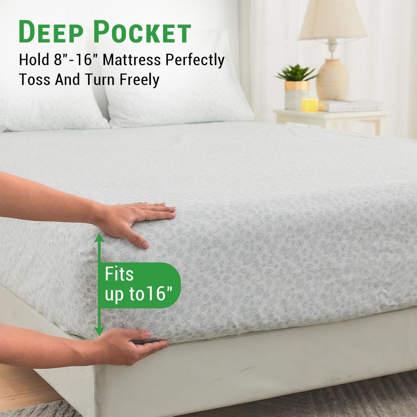 Gogreen 100% Cotton Sheet Set Queen Size, Light Geen Floral, 4PC Set, Breathable Bed Sheet for Hot Sleeper and Night Sweats, Deep Pocket Up to 16 Inches