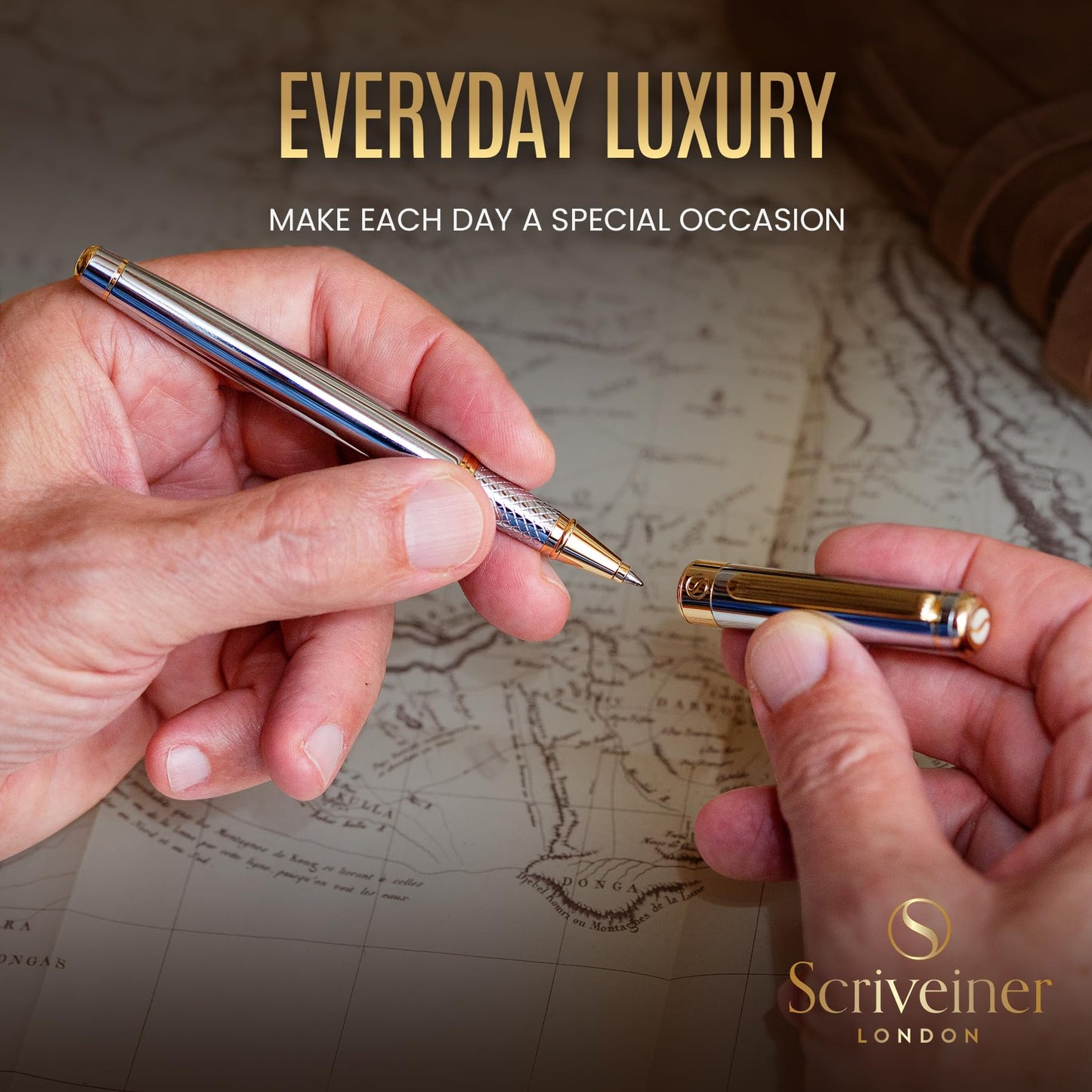Scriveiner Silver Chrome Rollerball Pen - Stunning Luxury Pen with 24K Gold Finish, Schmidt Ink Refill, Best Roller Ball Pen Gift Set for Men & Women, Professional, Executive Office, Nice Pens