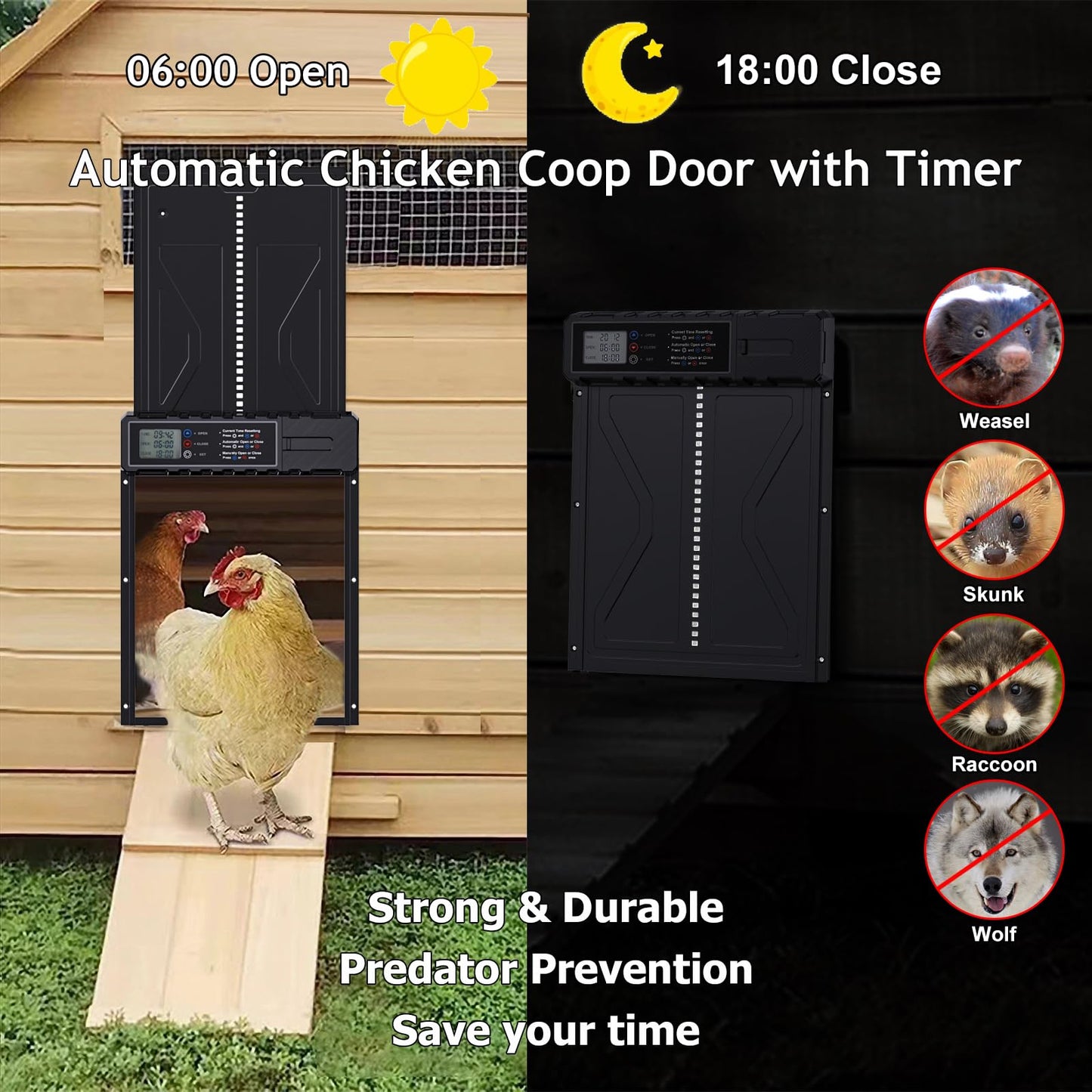 Automatic Chicken Coop Door with Timer - Enlarge Thickening Battery Powered Aluminum Chicken Door - Waterproof Automatic Coop Accessories for Chickens with LCD Screen