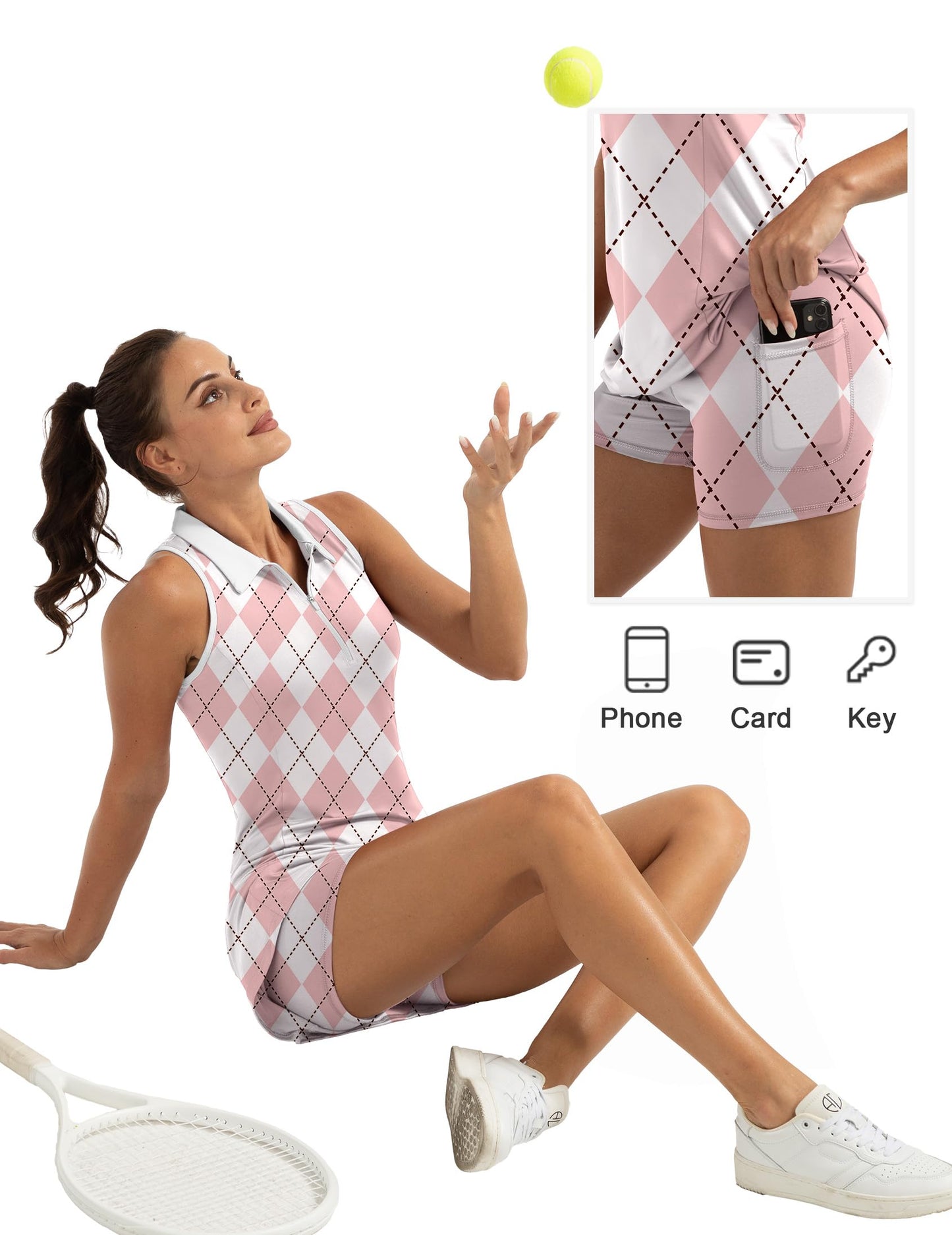 FKEEP Women's Golf Tennis Dress Sport Activewear Zipper V-Neck with Shorts and Pocket Workout Athletic, 18 Pink Checkered, X-Large