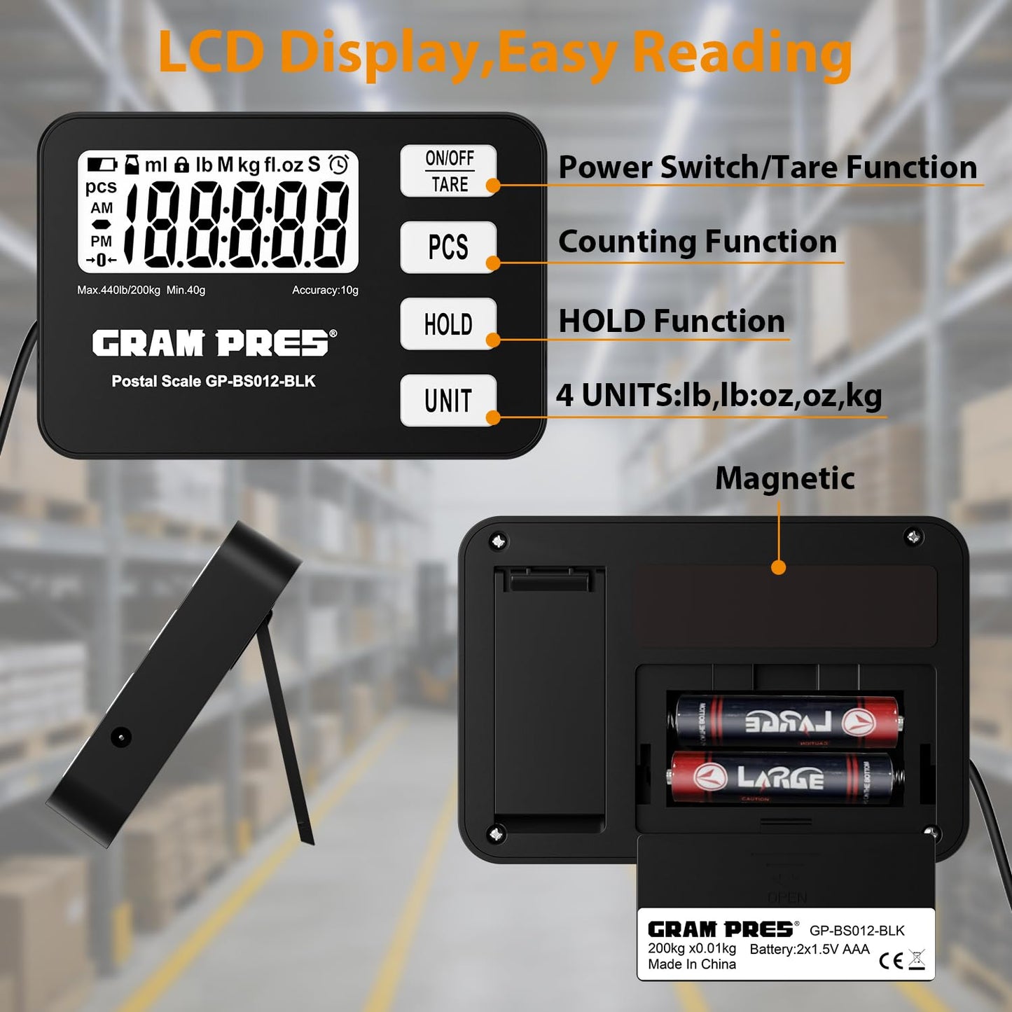 GRAM PRES Shipping Scale 440 lbs/10g Highly Accurate Digital Postal Scale with Hold/Tare/Pcs LCD Display for Packages/Luggage/Post Office/Dog Battery & USB Cable Included