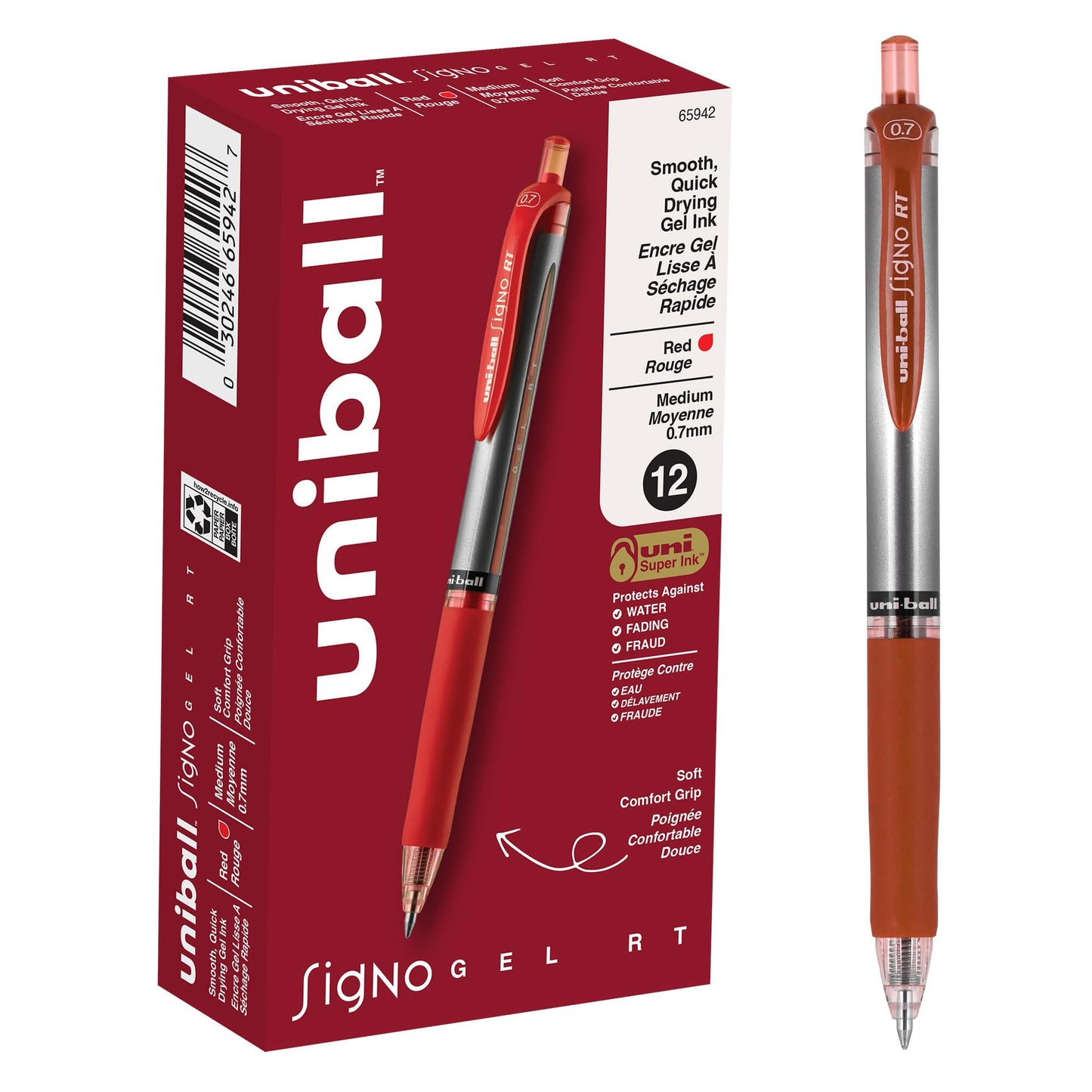 uni-ball Signo RT Rollerball Gel, Gel Retractable Roller Ball Pen Medium-0.7mm, 12 Pack, Red Ink (65942)